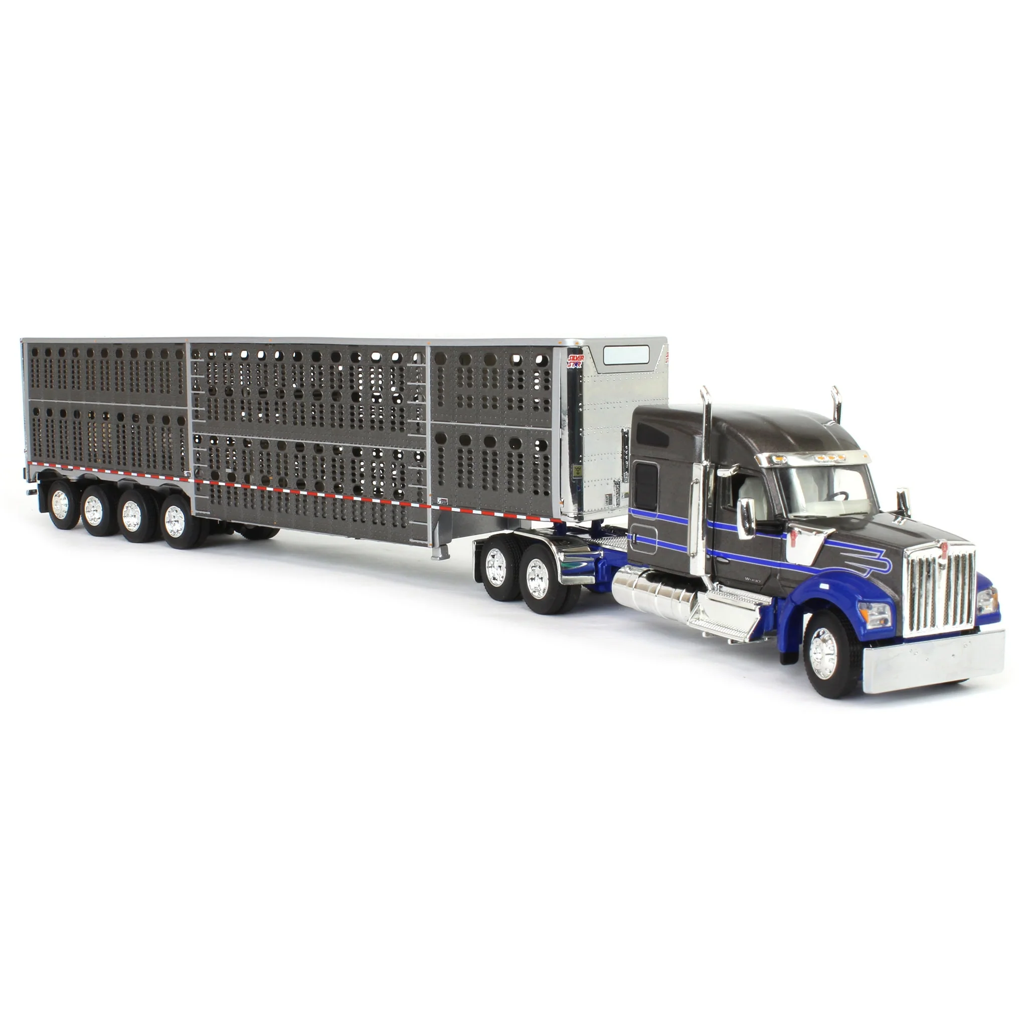1/64 Gray & Blue Kenworth W990 with Wilson Silverstar Livestock Trailer, DCP by First Gear - Image 2