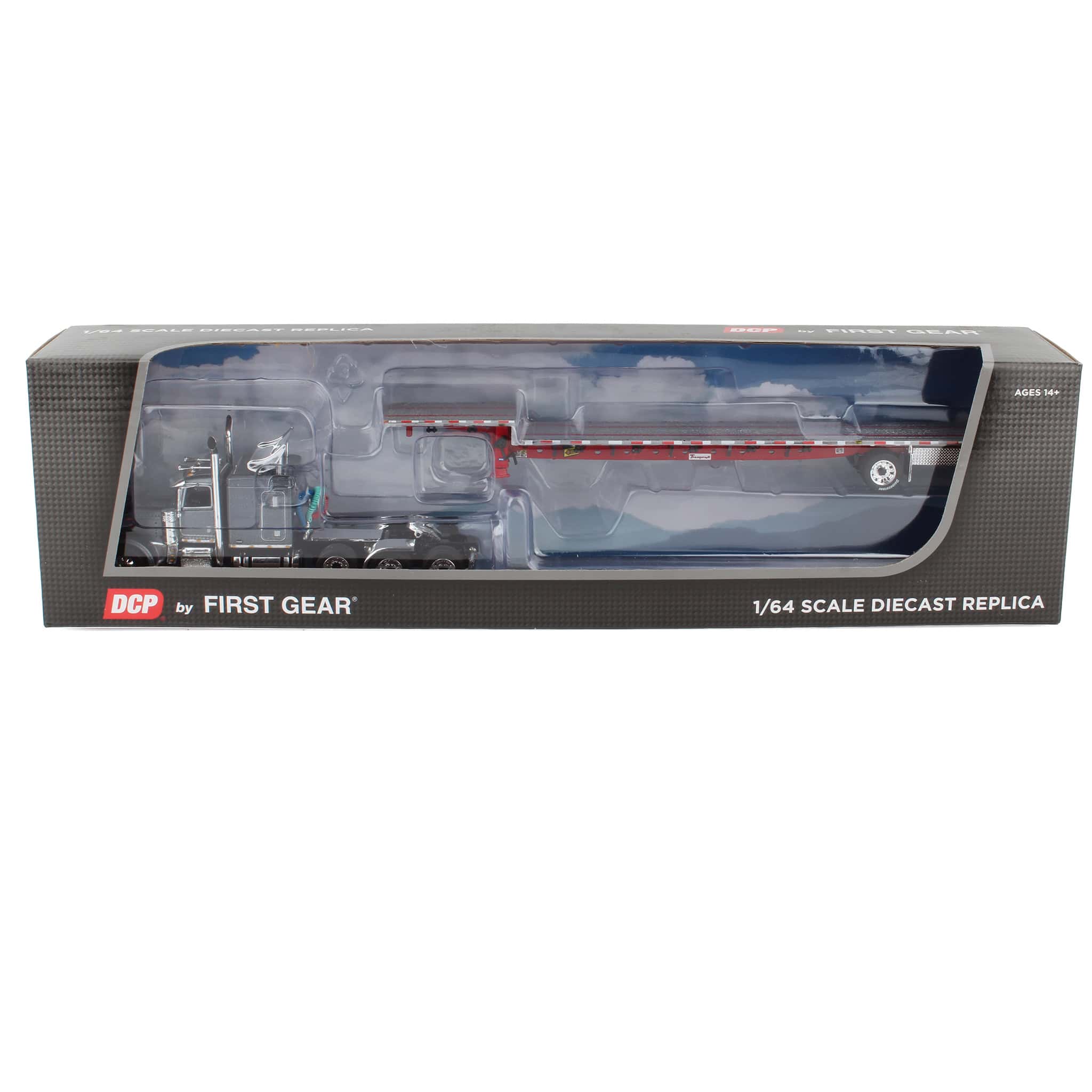1/64 Gray & Red Peterbilt 389 Sleeper with Transcraft Step Deck Trailer, DCP by First Gear