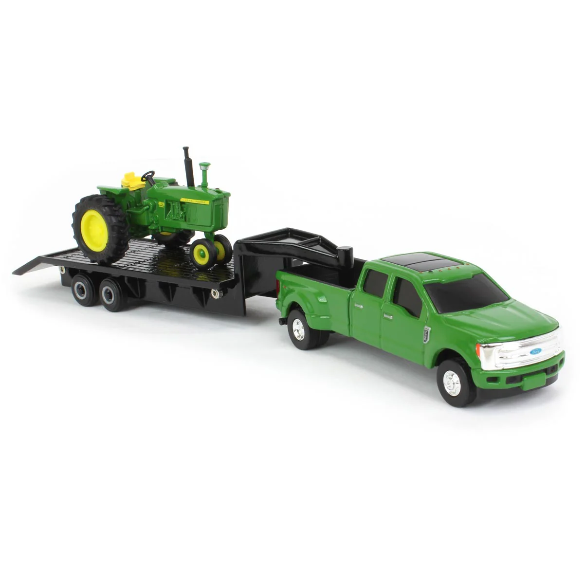 1/64 Green Ford F-350 Pickup Truck with Gooseneck Trailer & John Deere 4020 Tractor by ERTL - Image 2