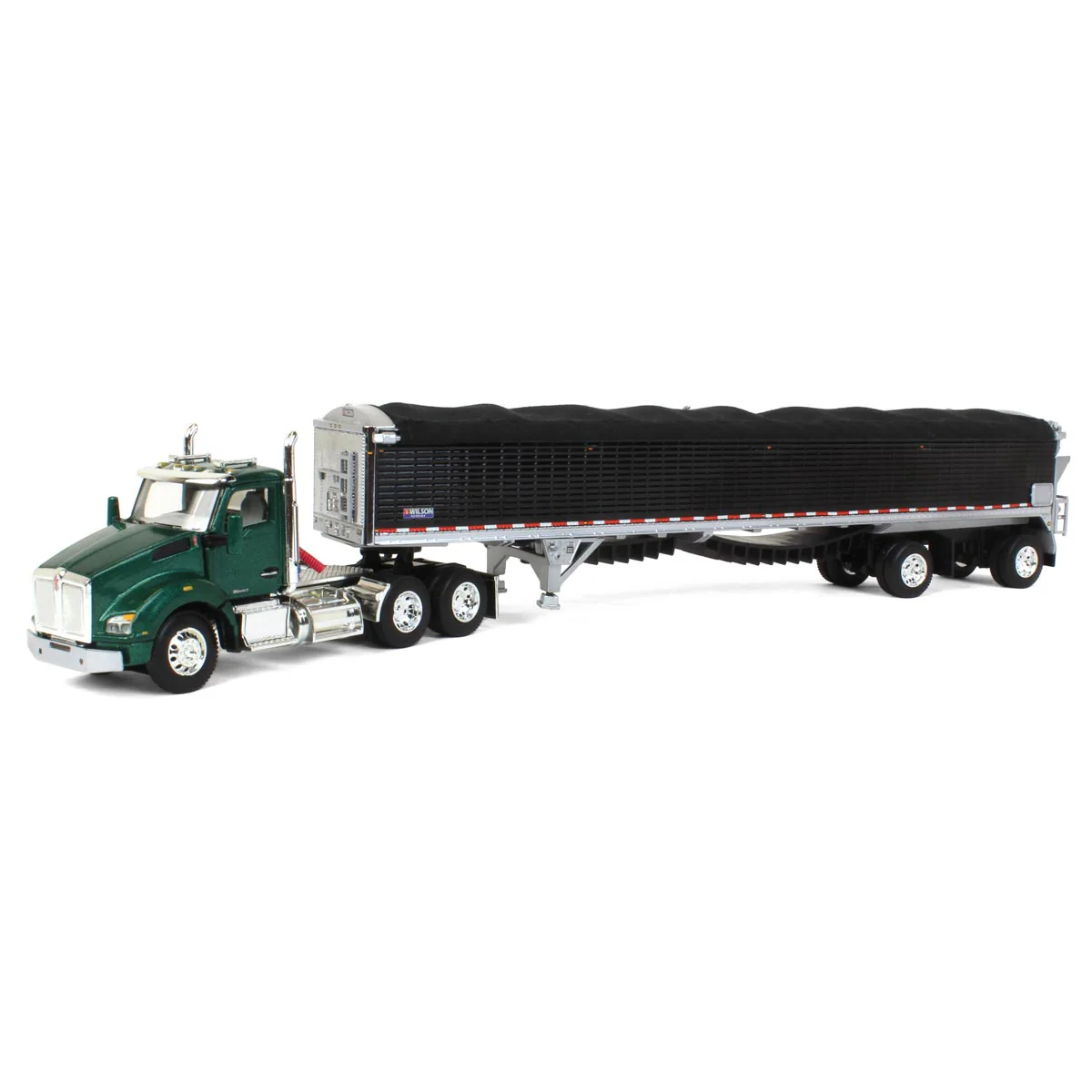 1/64 Green Kenworth T880 with Black Wilson Patriot Spread-Axle Belt Trailer, DCP by First Gear