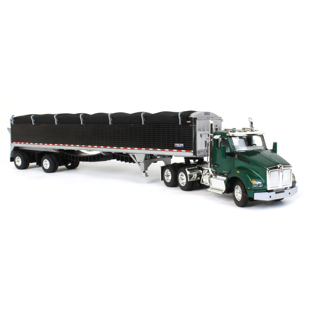 1/64 Green Kenworth T880 with Black Wilson Patriot Spread-Axle Belt Trailer, DCP by First Gear - Image 2