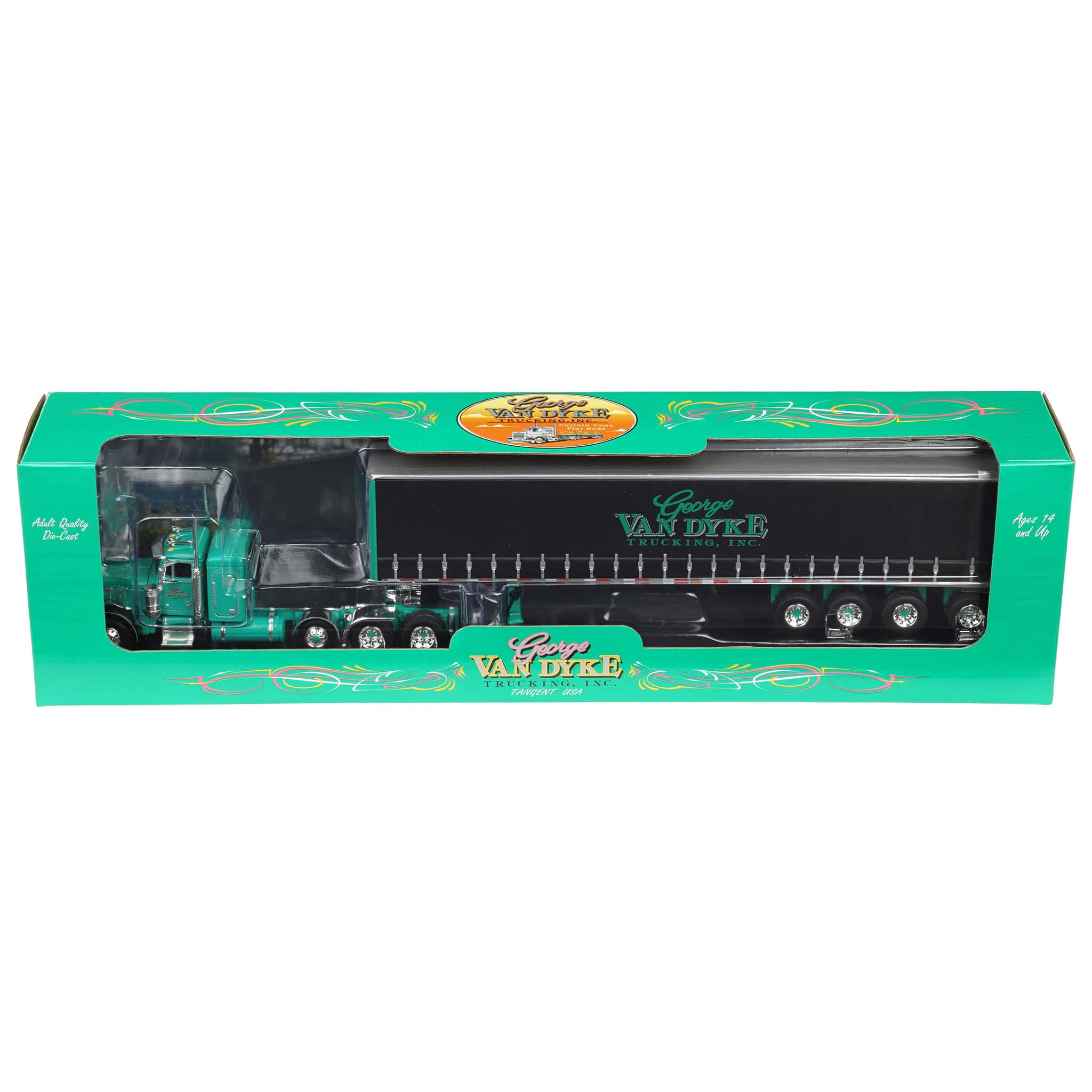 1/64 Green Peterbilt 379 Semi Truck with Van Dyke Trucking Curtain-Side Trailer, DCP by First Gear - Image 12