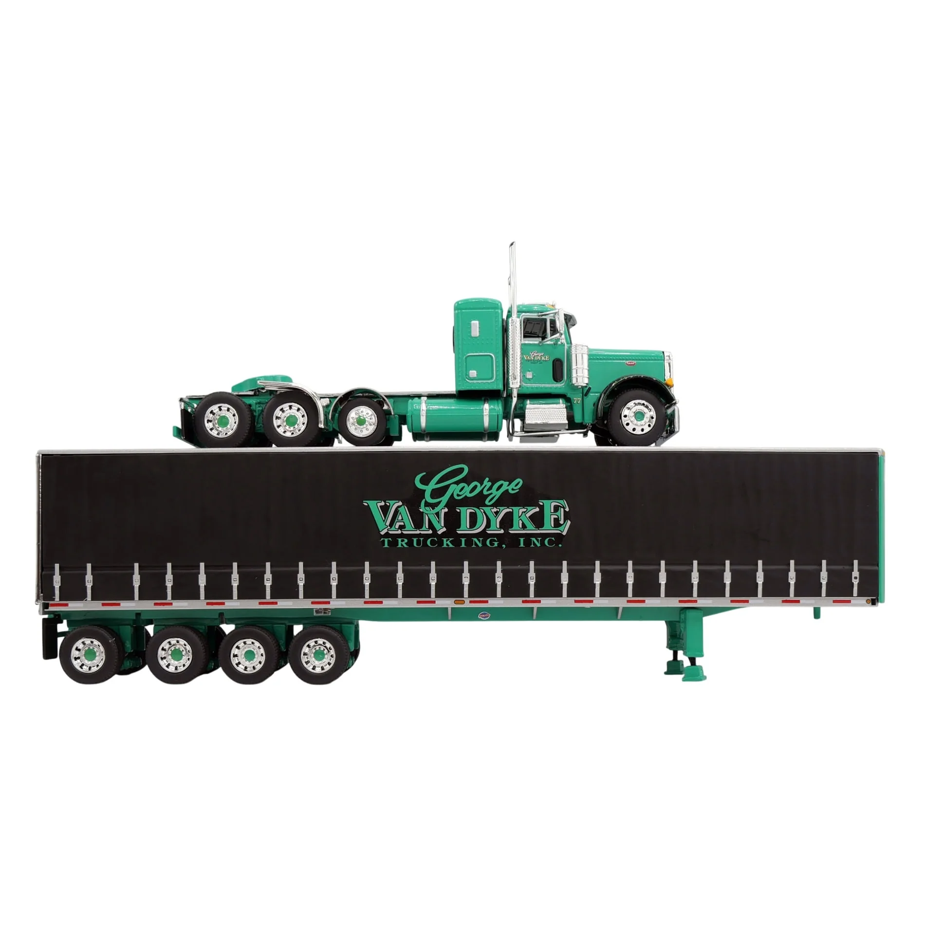 1/64 Green Peterbilt 379 Semi Truck with Van Dyke Trucking Curtain-Side Trailer, DCP by First Gear - Image 6