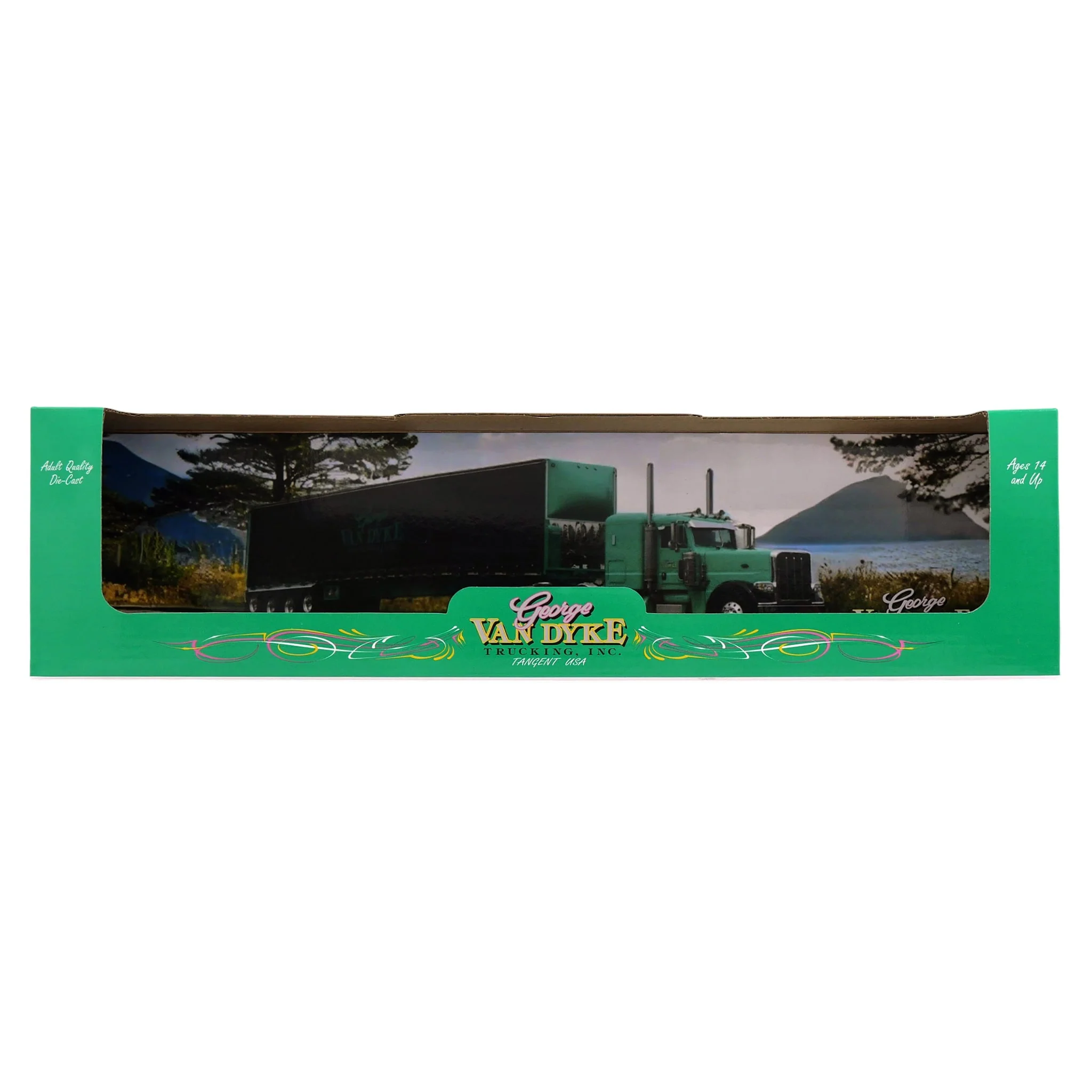 1/64 Green Peterbilt 379 Semi Truck with Van Dyke Trucking Curtain-Side Trailer, DCP by First Gear - Image 7