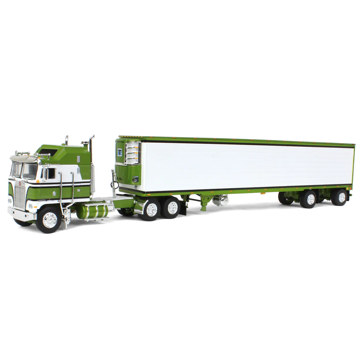 1/64 Kenworth K100 Aerodyne Long Frame Semi Truck with 53ft Reefer Trailer, Green/White, DCP by First Gear