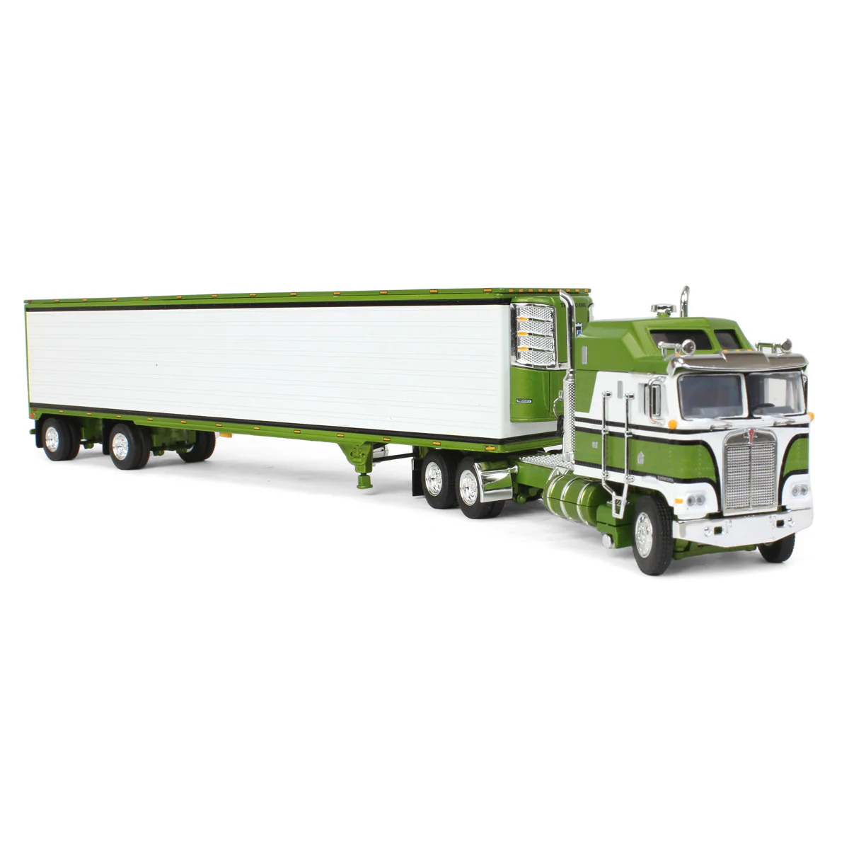 1/64 Kenworth K100 Aerodyne Long Frame Semi Truck with 53ft Reefer Trailer, Green/White, DCP by First Gear - Image 2
