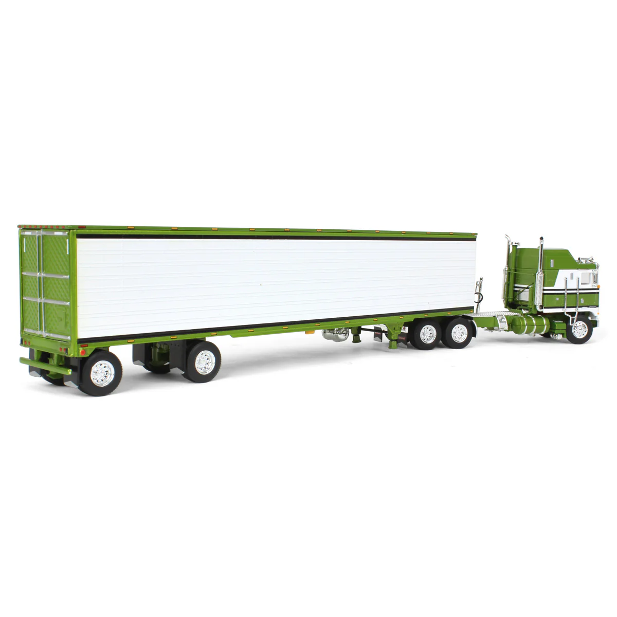 1/64 Kenworth K100 Aerodyne Long Frame Semi Truck with 53ft Reefer Trailer, Green/White, DCP by First Gear - Image 3