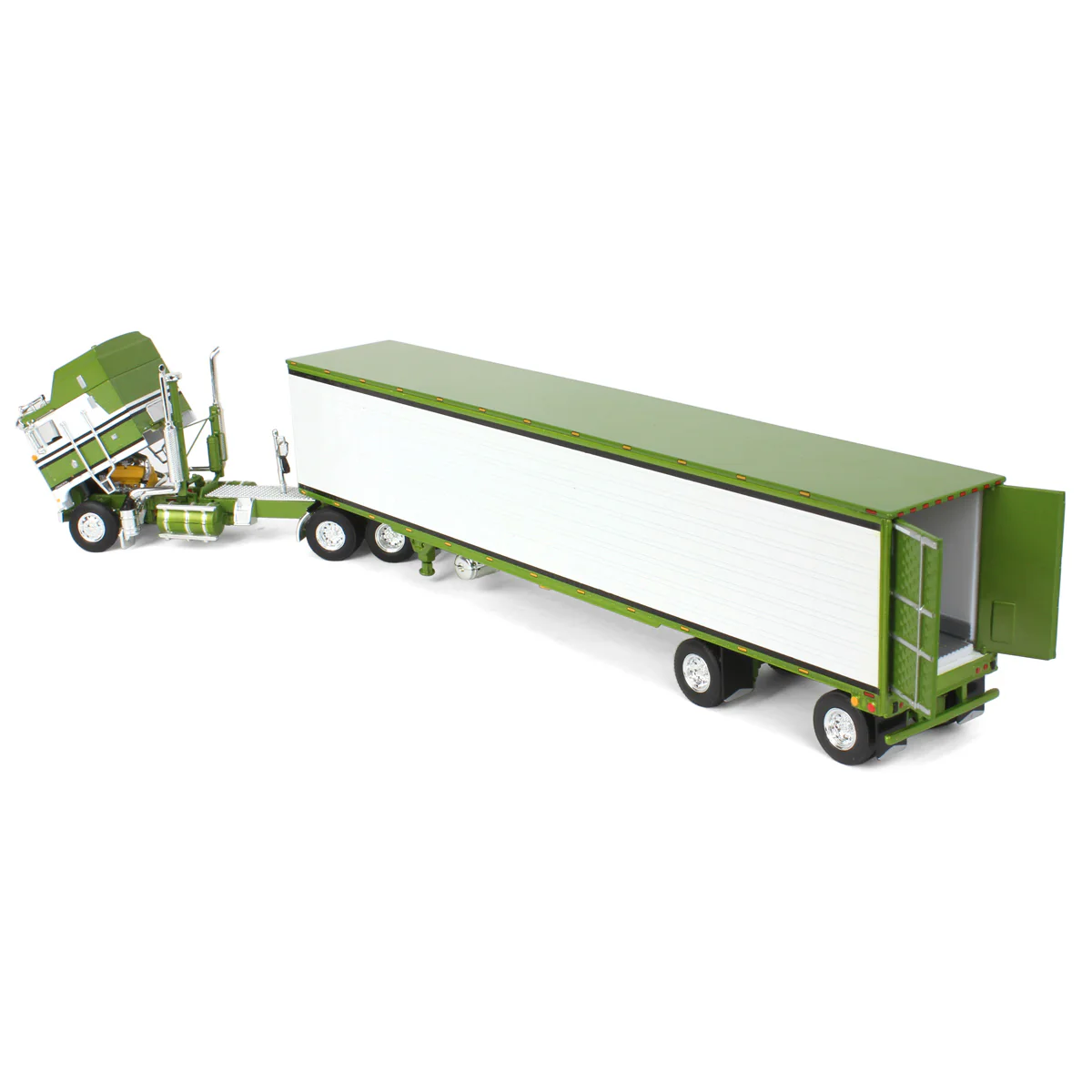 1/64 Kenworth K100 Aerodyne Long Frame Semi Truck with 53ft Reefer Trailer, Green/White, DCP by First Gear - Image 4