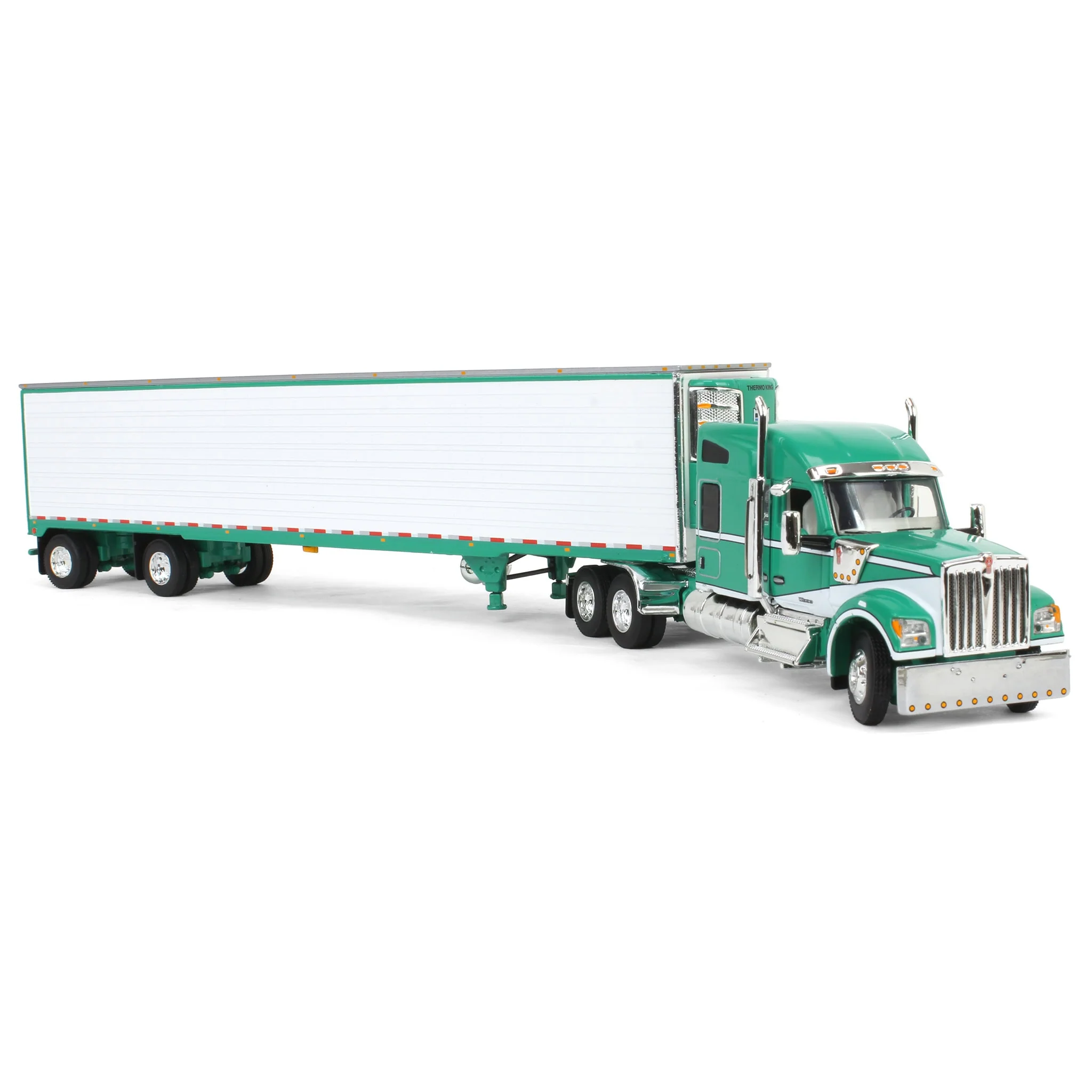 1/64 Green & White Kenworth W990 with Spread Axle Reefer Trailer, DCP by First Gear - Image 2