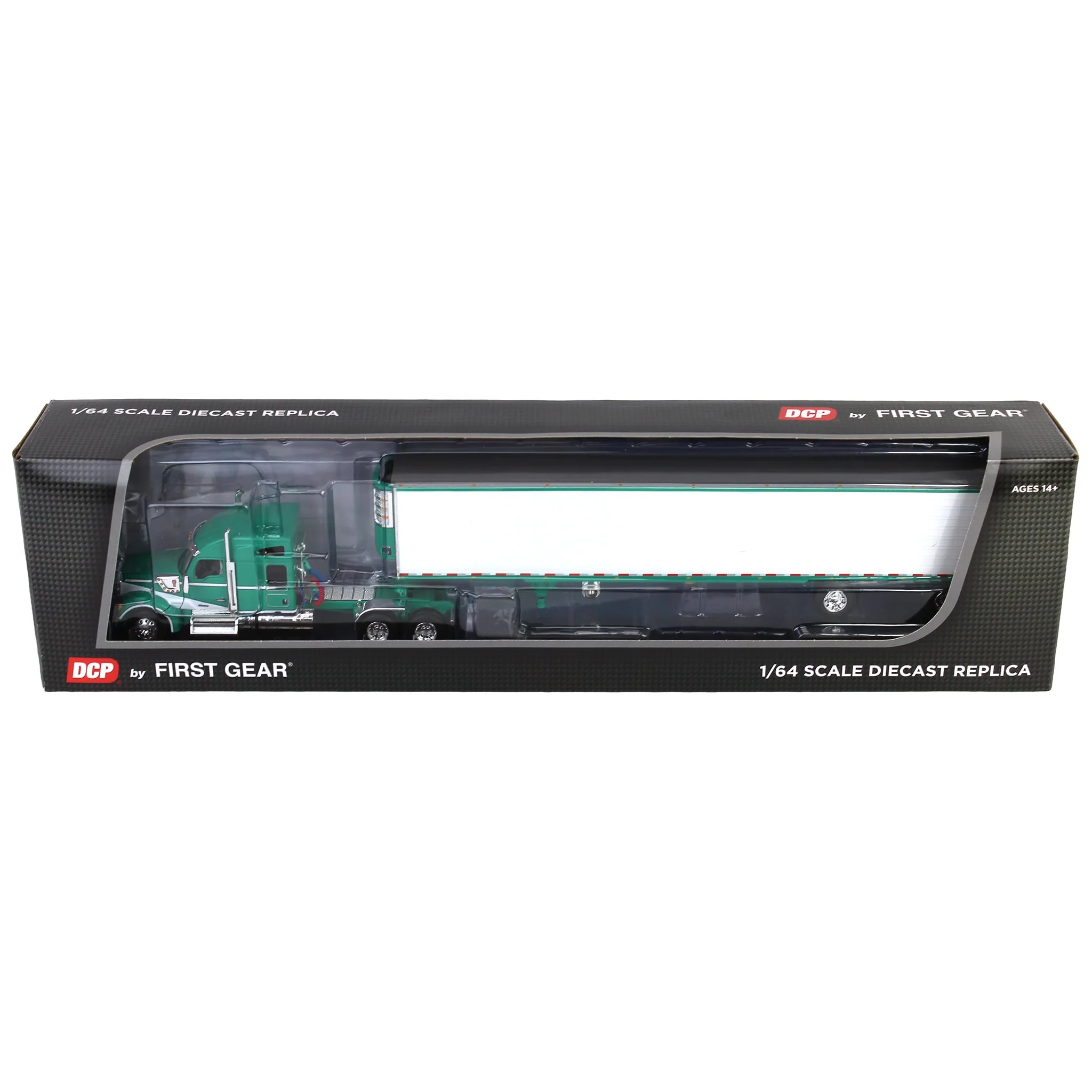 1/64 Green & White Kenworth W990 with Spread Axle Reefer Trailer, DCP by First Gear - Image 5