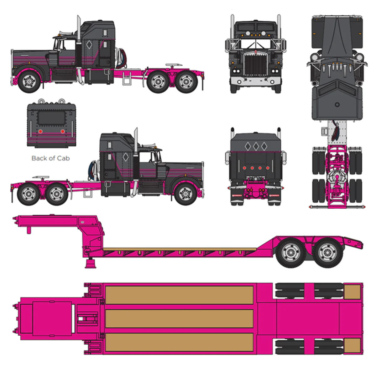 1/64 Gun Metal Gray & Pink Kenworth W900A Sleeper with Rogers Lowboy, DCP by First Gear - Image 2
