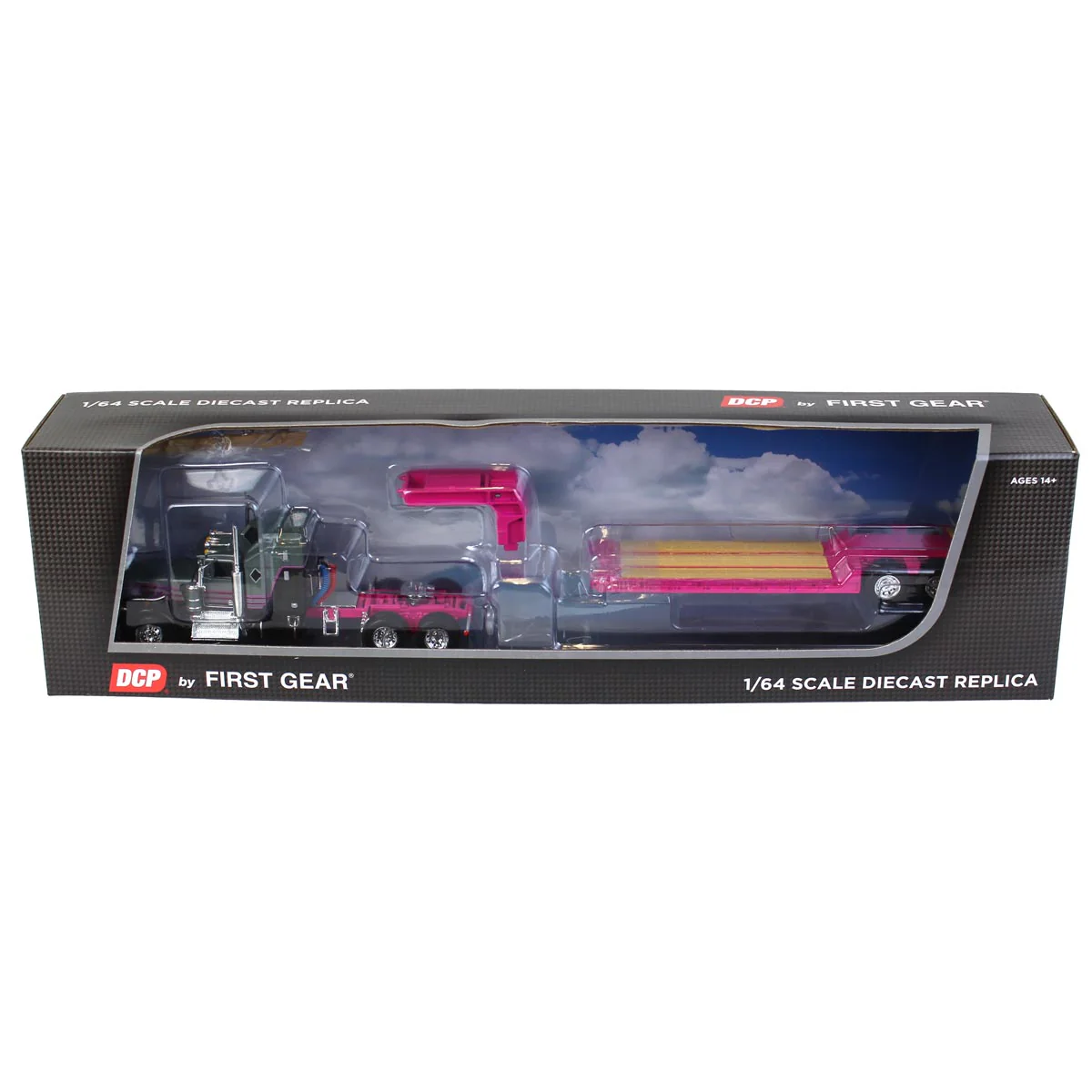 1/64 Gun Metal Gray & Pink Kenworth W900A Sleeper with Rogers Lowboy, DCP by First Gear - Image 4