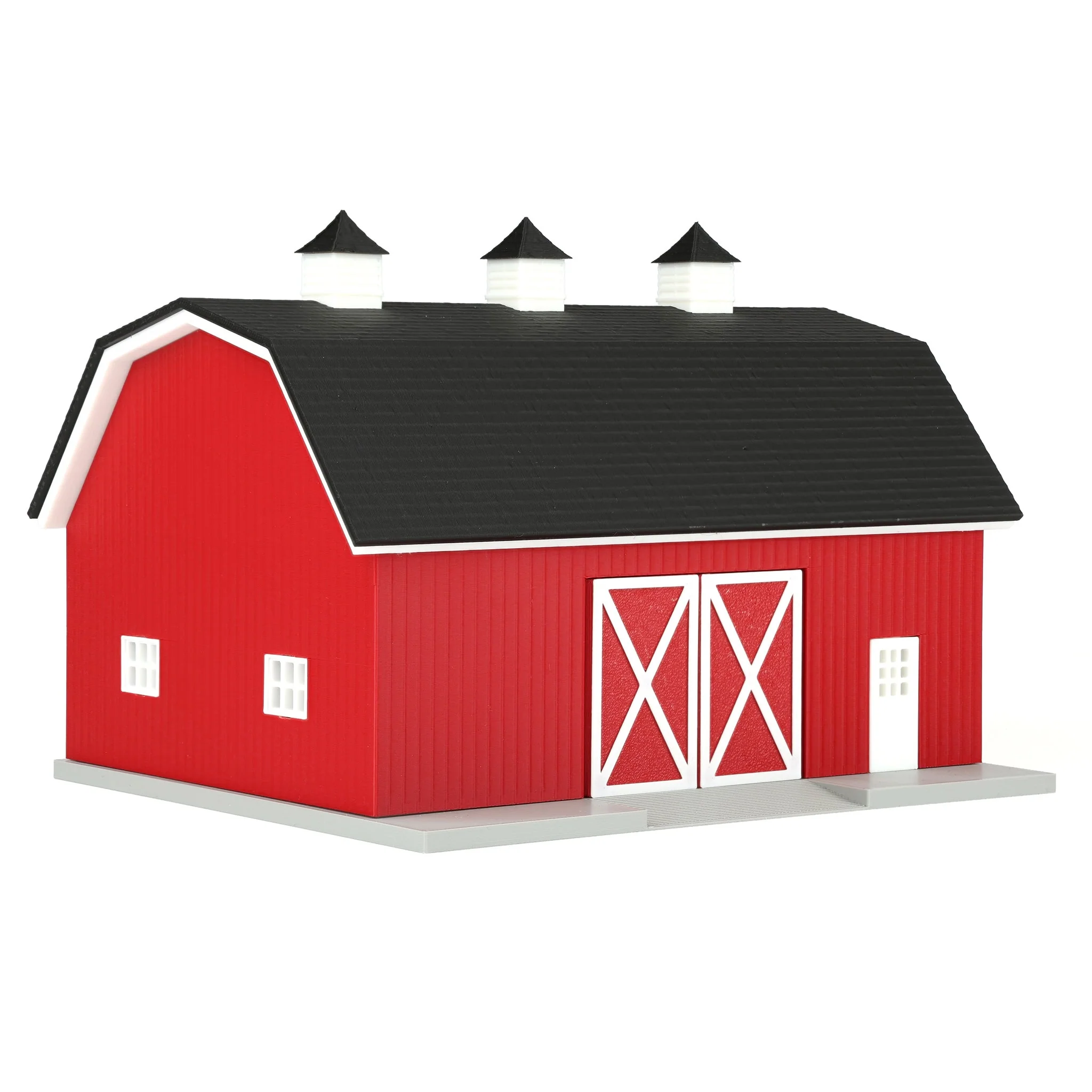 1/64 Red Hip Roof Barn with White Trim & Shingled Roof by REVD Toys, 3D Printed