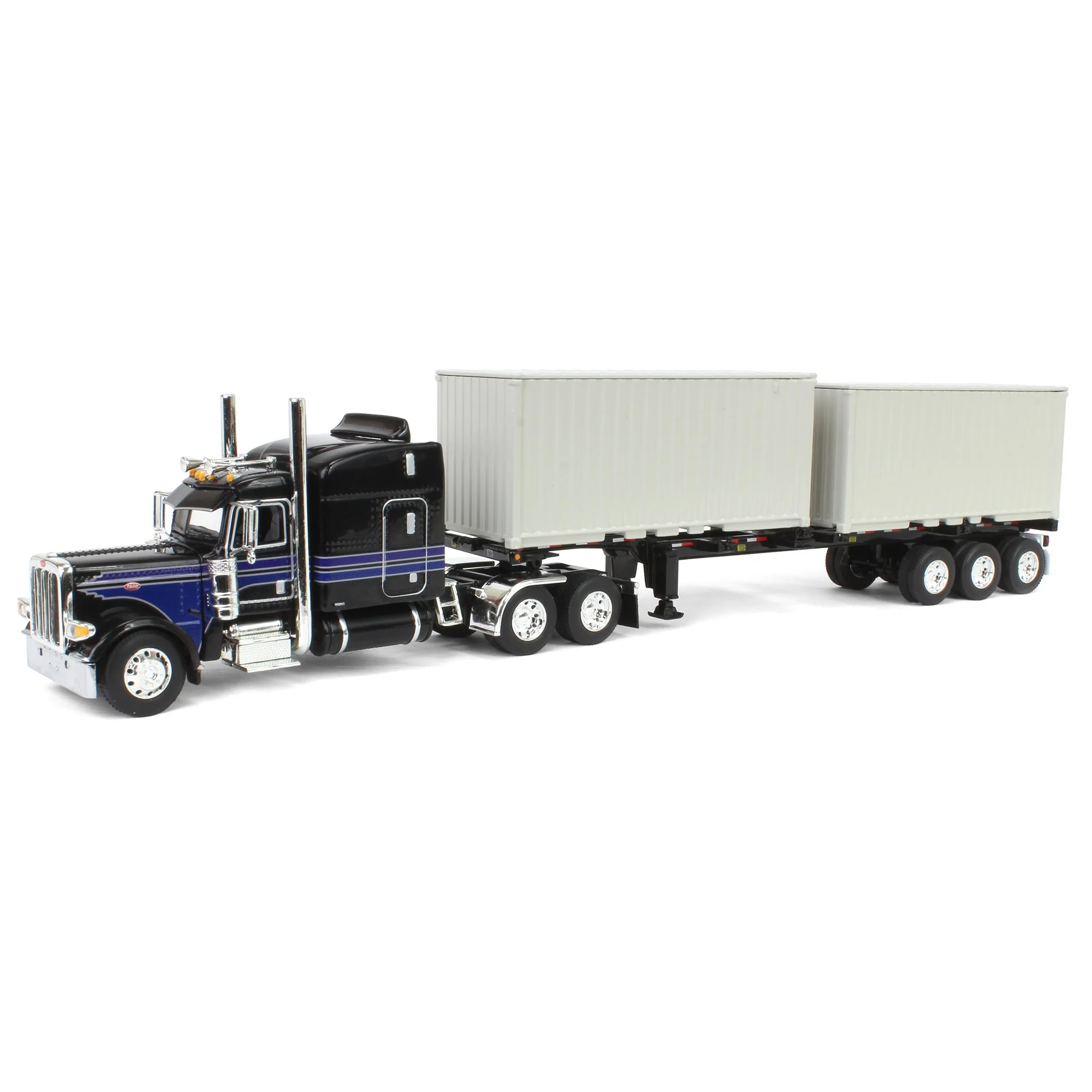 1/64 Jet Black Peterbilt 389 Semi Truck with 63in Mid-Roof Sleeper, Container Chassis & Two 20ft Containers, DCP by First Gear