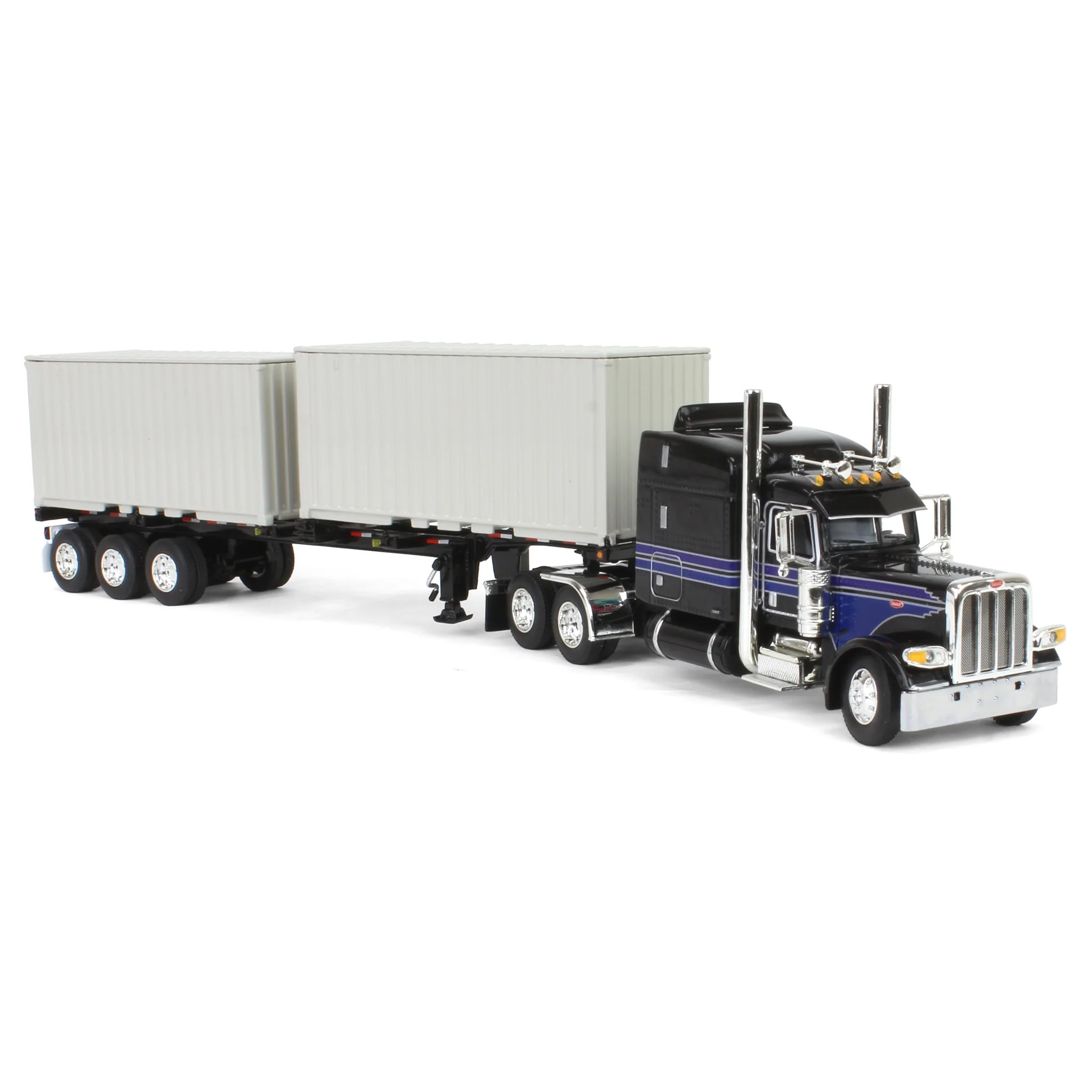 1/64 Jet Black Peterbilt 389 Semi Truck with 63in Mid-Roof Sleeper, Container Chassis & Two 20ft Containers, DCP by First Gear - Image 2