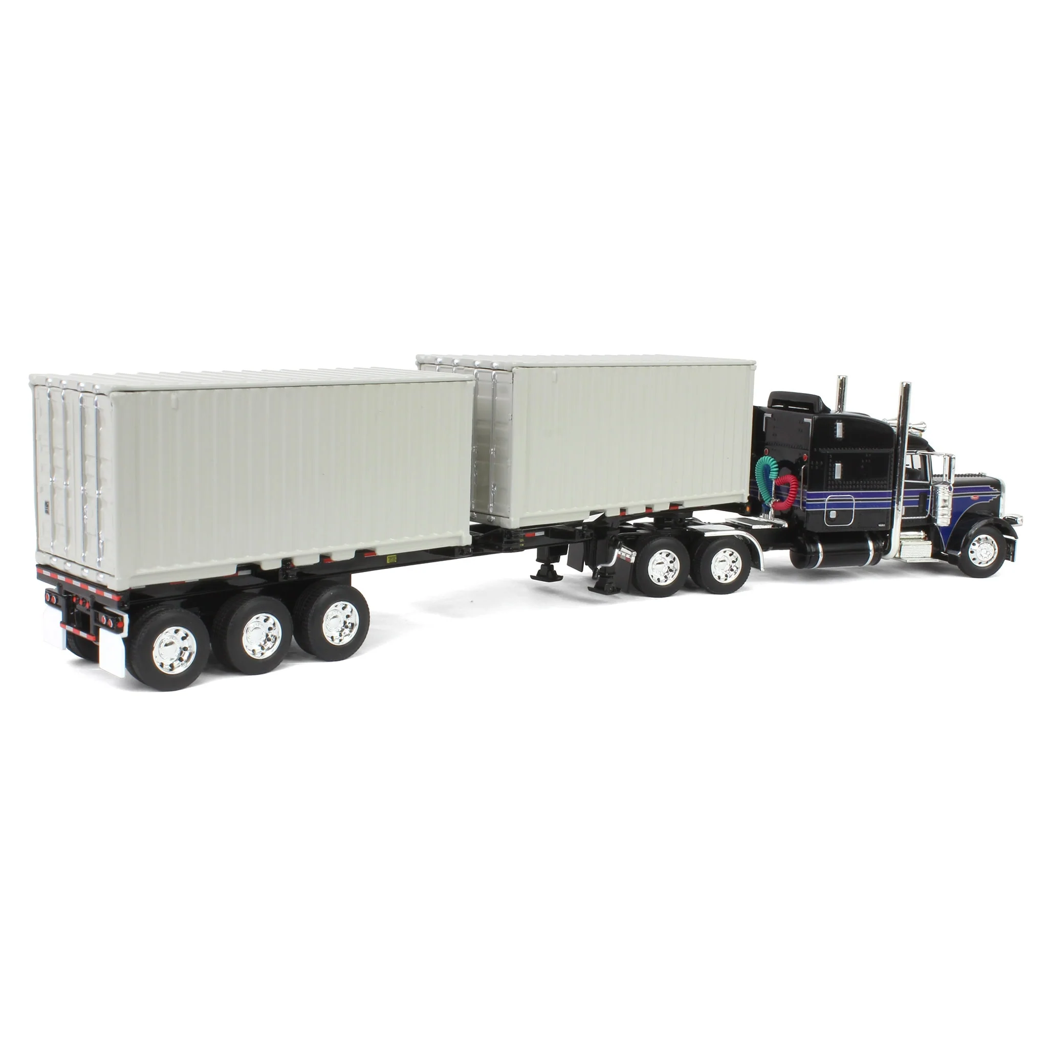 1/64 Jet Black Peterbilt 389 Semi Truck with 63in Mid-Roof Sleeper, Container Chassis & Two 20ft Containers, DCP by First Gear - Image 3