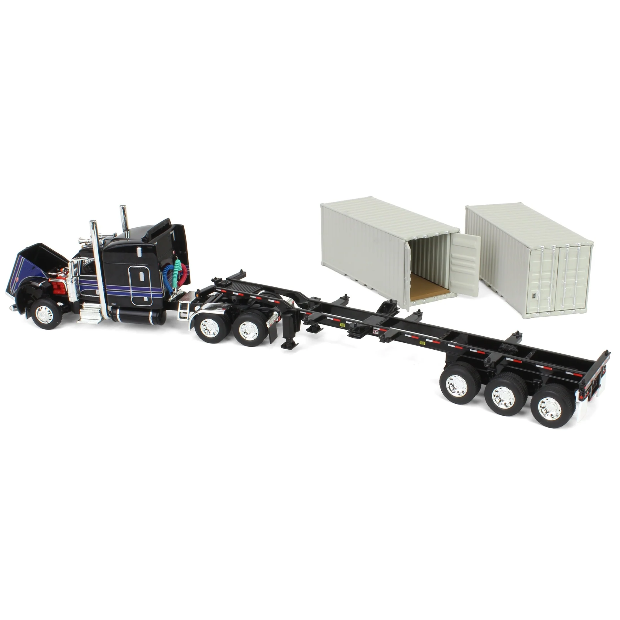 1/64 Jet Black Peterbilt 389 Semi Truck with 63in Mid-Roof Sleeper, Container Chassis & Two 20ft Containers, DCP by First Gear - Image 4