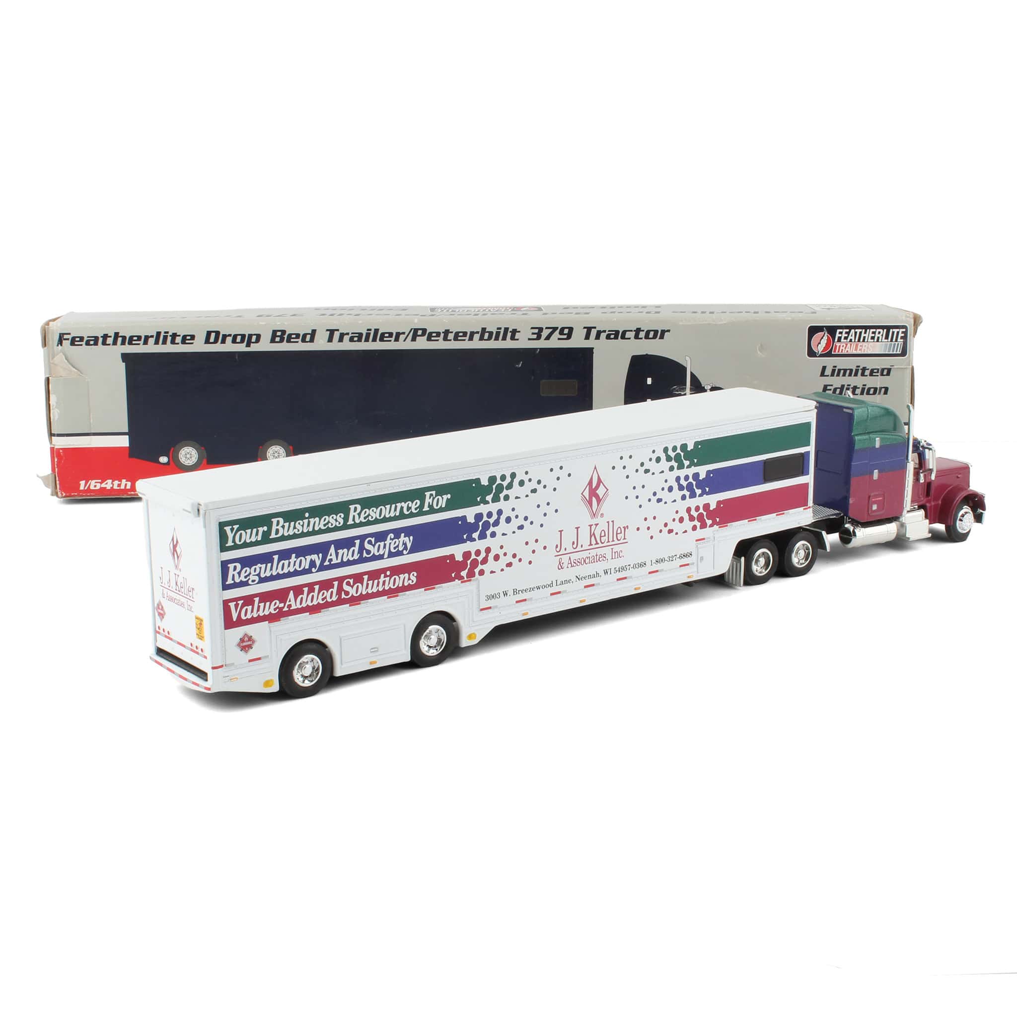 1/64 JJ Keller & Associates Inc Peterbilt 379 Semi with Featherlite Drop Bed Trailer by SpecCast - Image 2