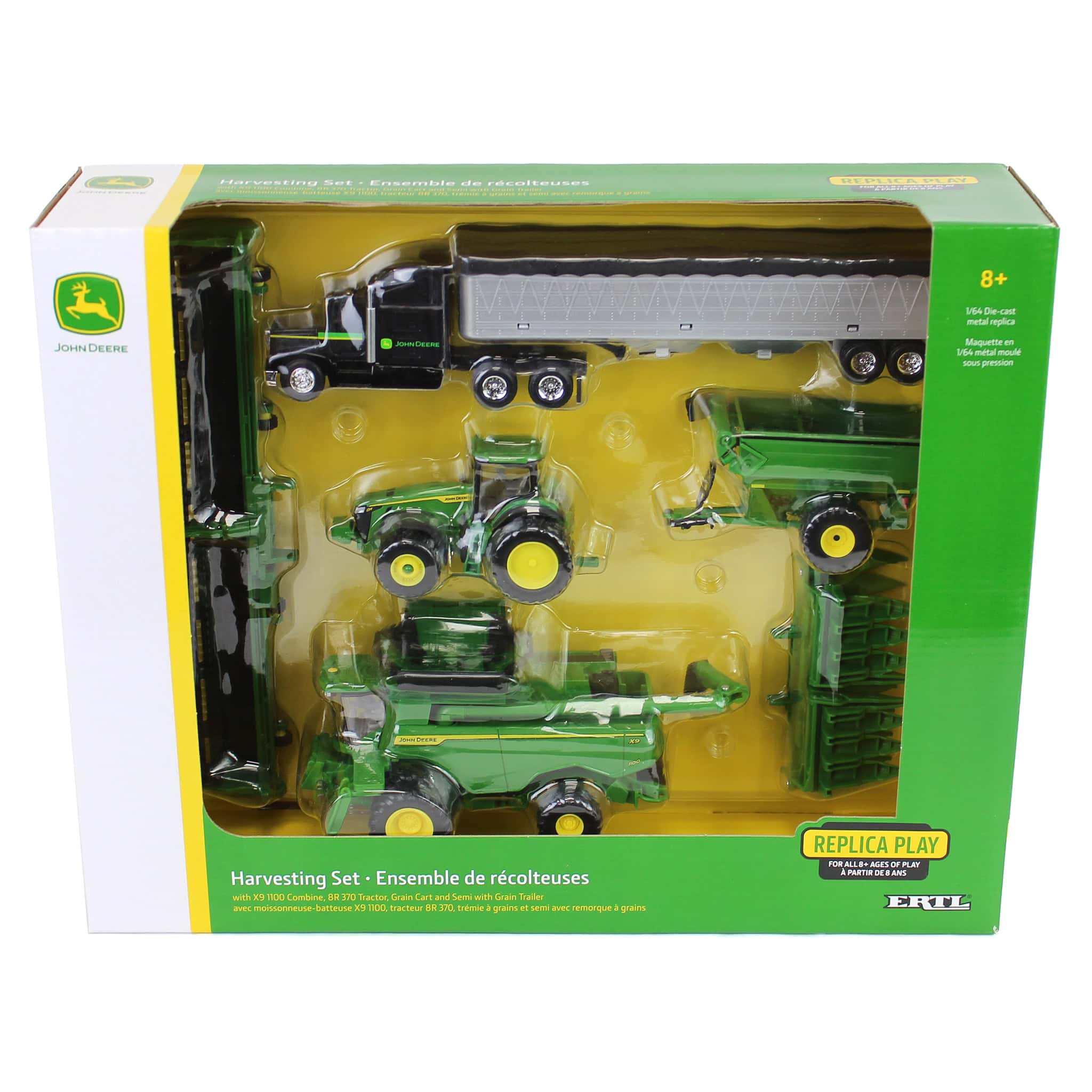 1/64 John Deere Harvesting Set with 8R 370 Tractor, Grain Cart, X9 1100 Combine & Grain Semi by ERTL - Image 13
