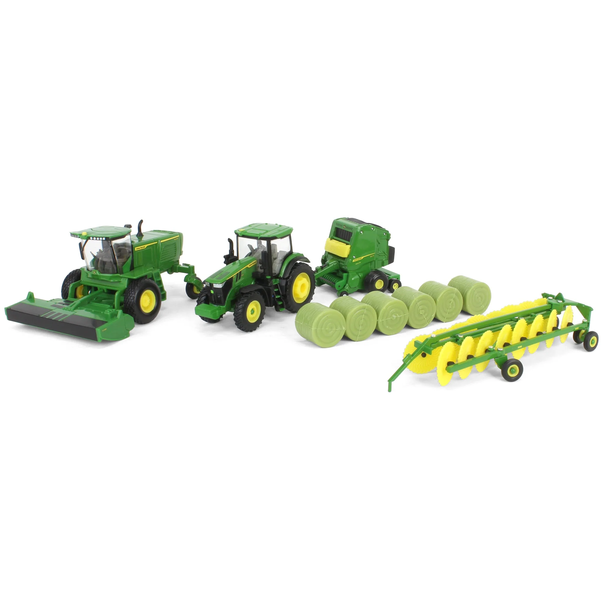 1/64 John Deere Haying Set with Windrower, Tractor, Hay Rake, Baler & 6 Bales, ERTL Replica Play