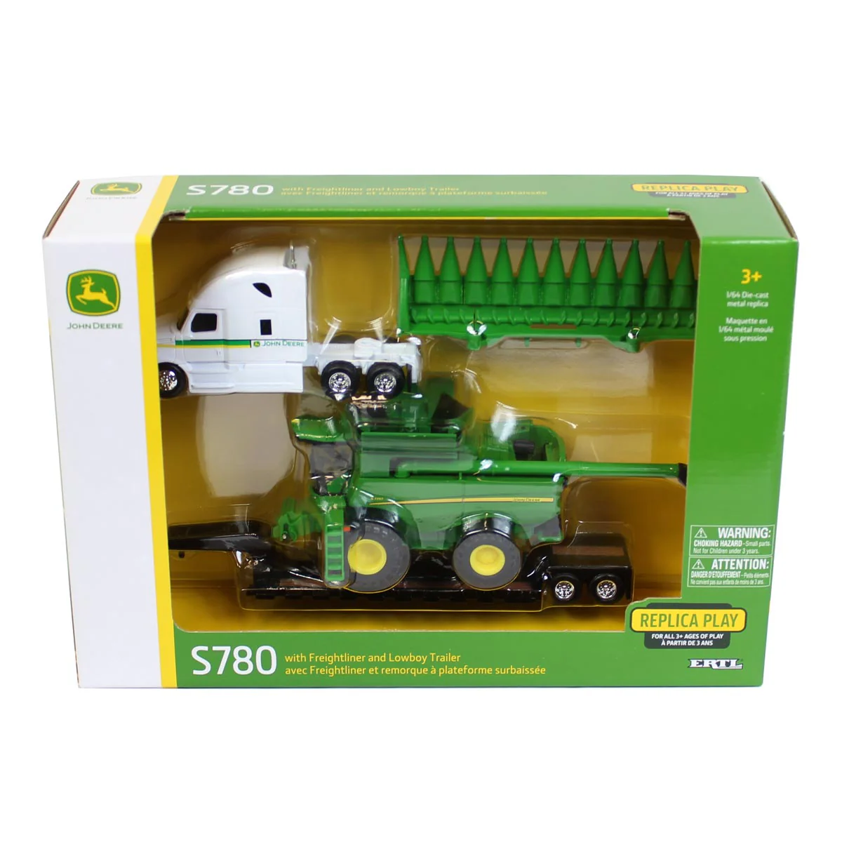 1/64 John Deere S780 Combine & Freightliner Semi Truck with Lowboy Trailer, ERTL Replica Play - Image 2