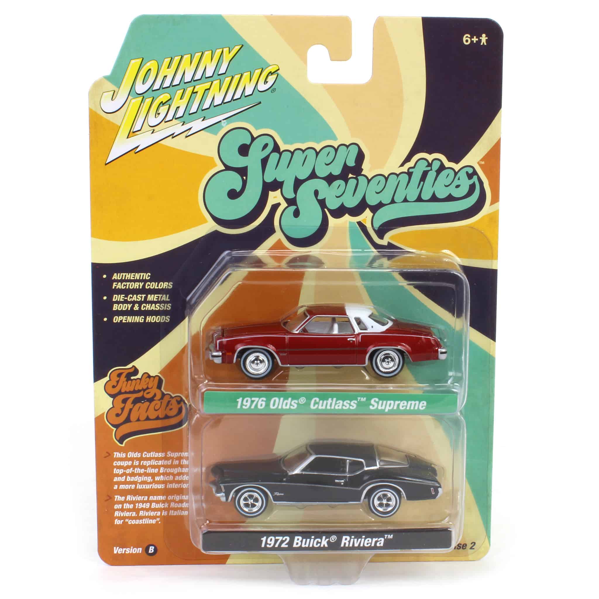 1/64 Johnny Lightning 1976 Oldsmobile Cutlass & 1972 Buick Riviera Super 70s Twin Pack - Image 2