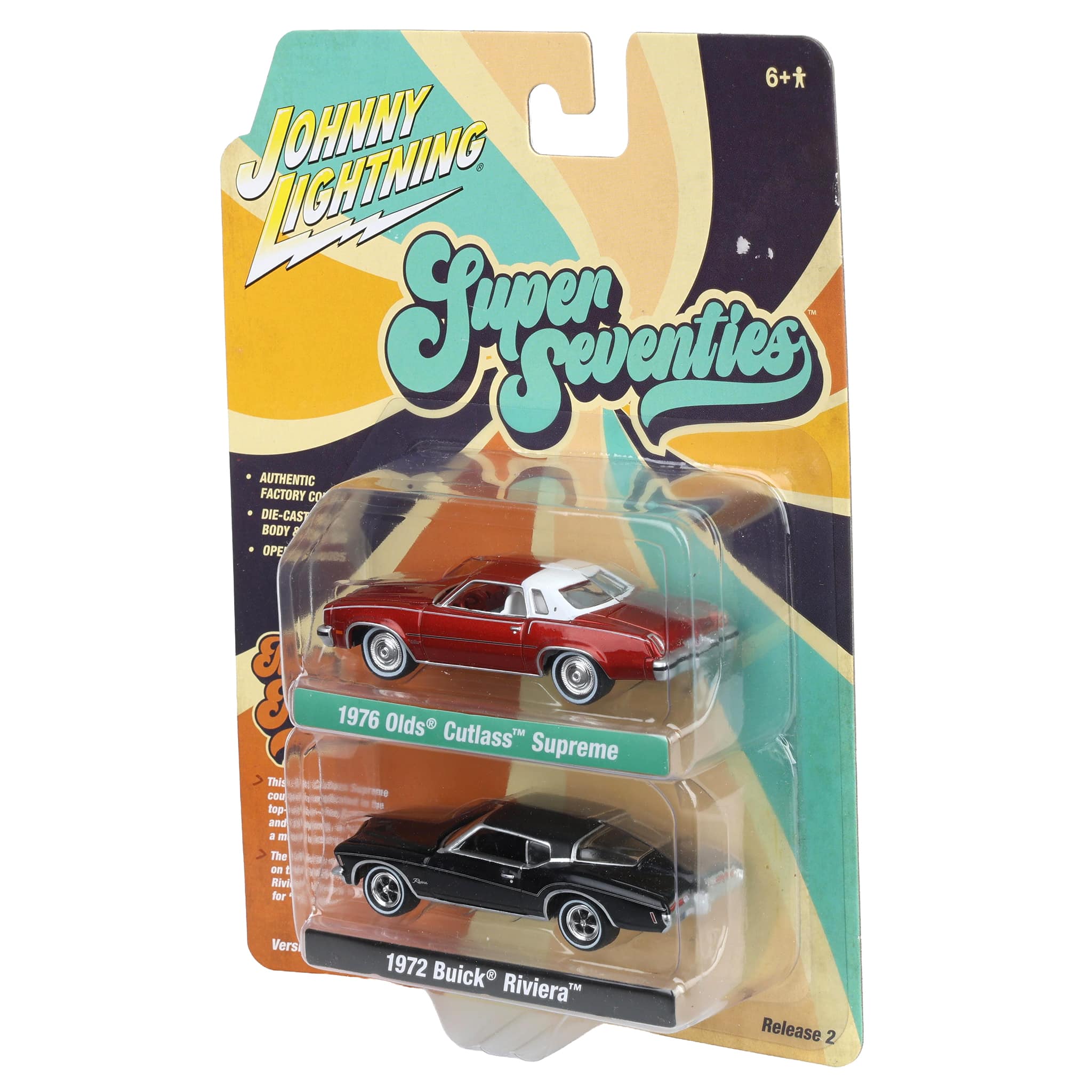 1/64 Johnny Lightning 1976 Oldsmobile Cutlass & 1972 Buick Riviera Super 70s Twin Pack - Image 4