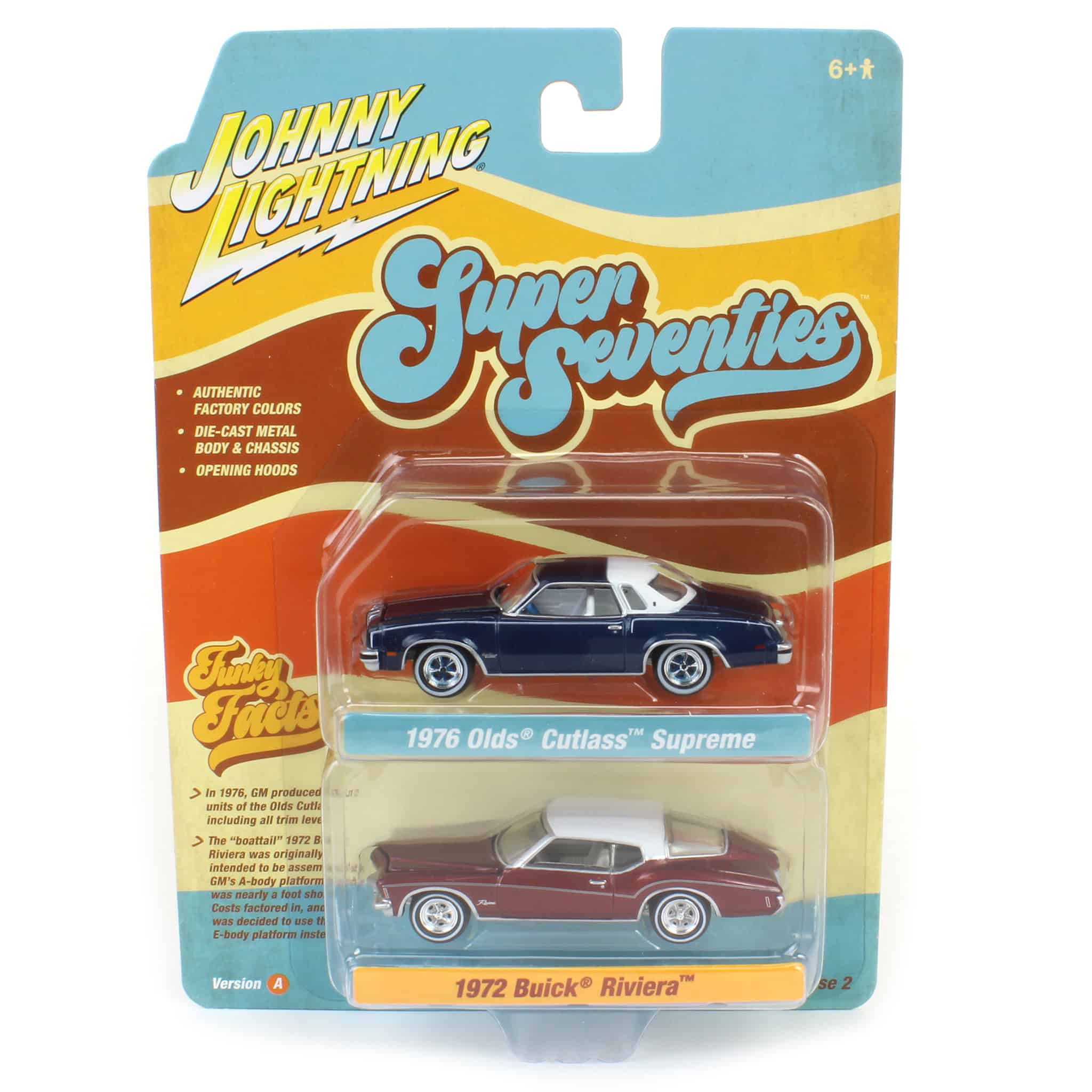 1/64 Johnny Lightning 1976 Oldsmobile Cutlass & 1972 Buick Riviera Super 70s Twin Pack - Image 2