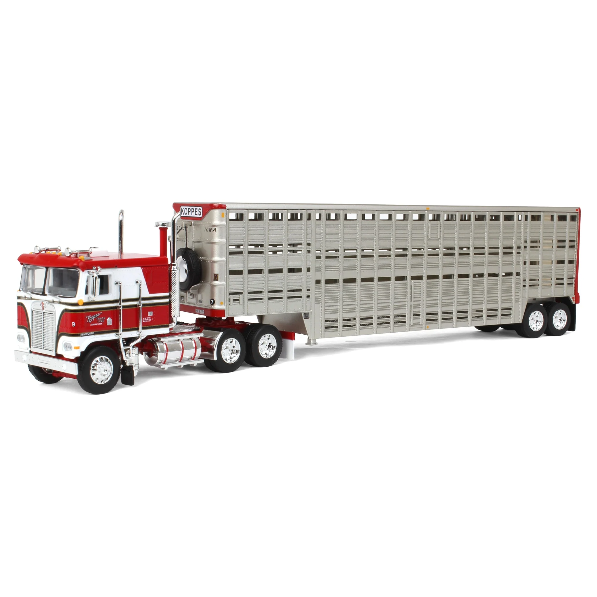 1/64 Kenworth K100 COE Semi Truck with 45ft Vintage Wilson Livestock Trailer, Koppes Truck Line, DCP by First Gear - Image 2