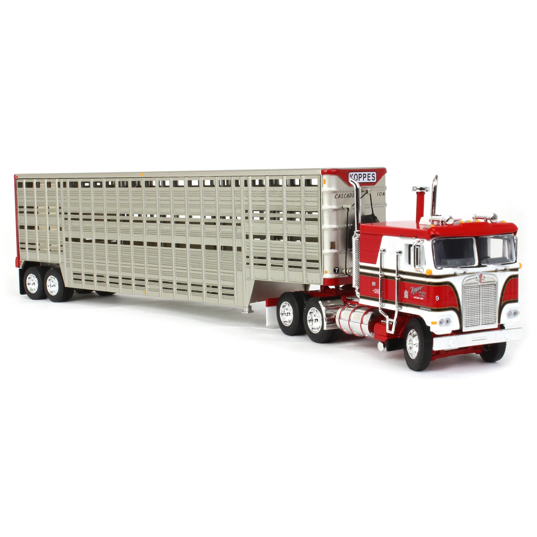 1/64 Kenworth K100 COE Semi Truck with 45ft Vintage Wilson Livestock Trailer, Koppes Truck Line, DCP by First Gear - Image 3