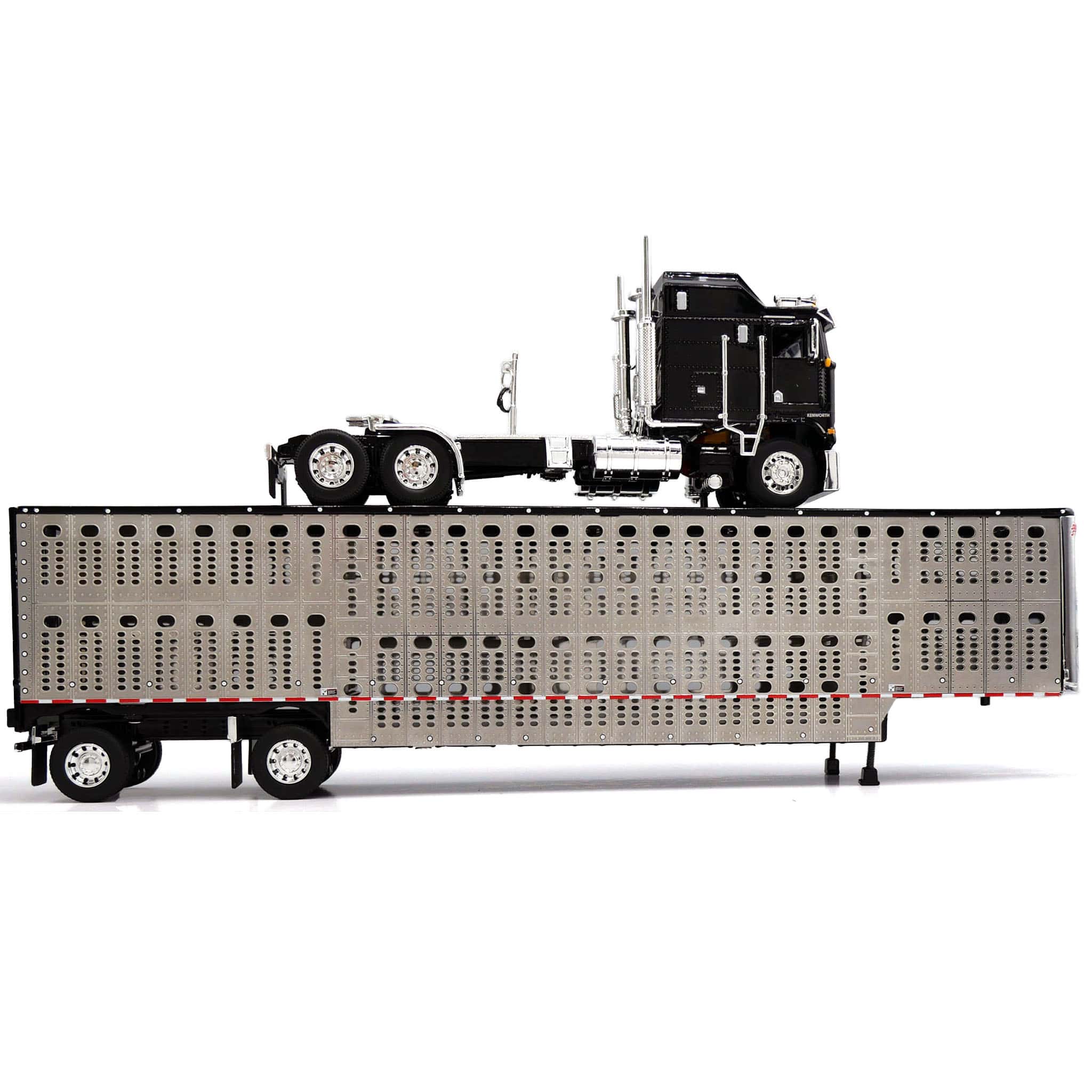 1/64 Kenworth K100 COE Semi Truck with Wilson Spread Axle Livestock Trailer, Black, DCP by First Gear