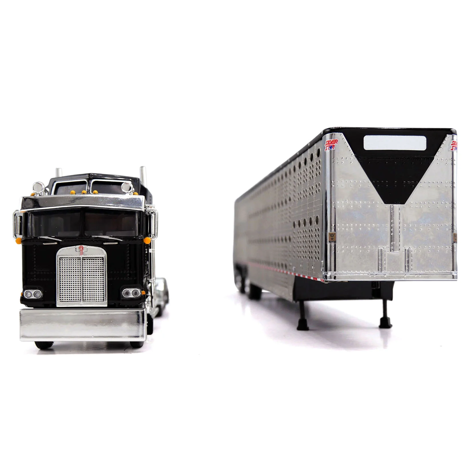 1/64 Kenworth K100 COE Semi Truck with Wilson Spread Axle Livestock Trailer, Black, DCP by First Gear - Image 2