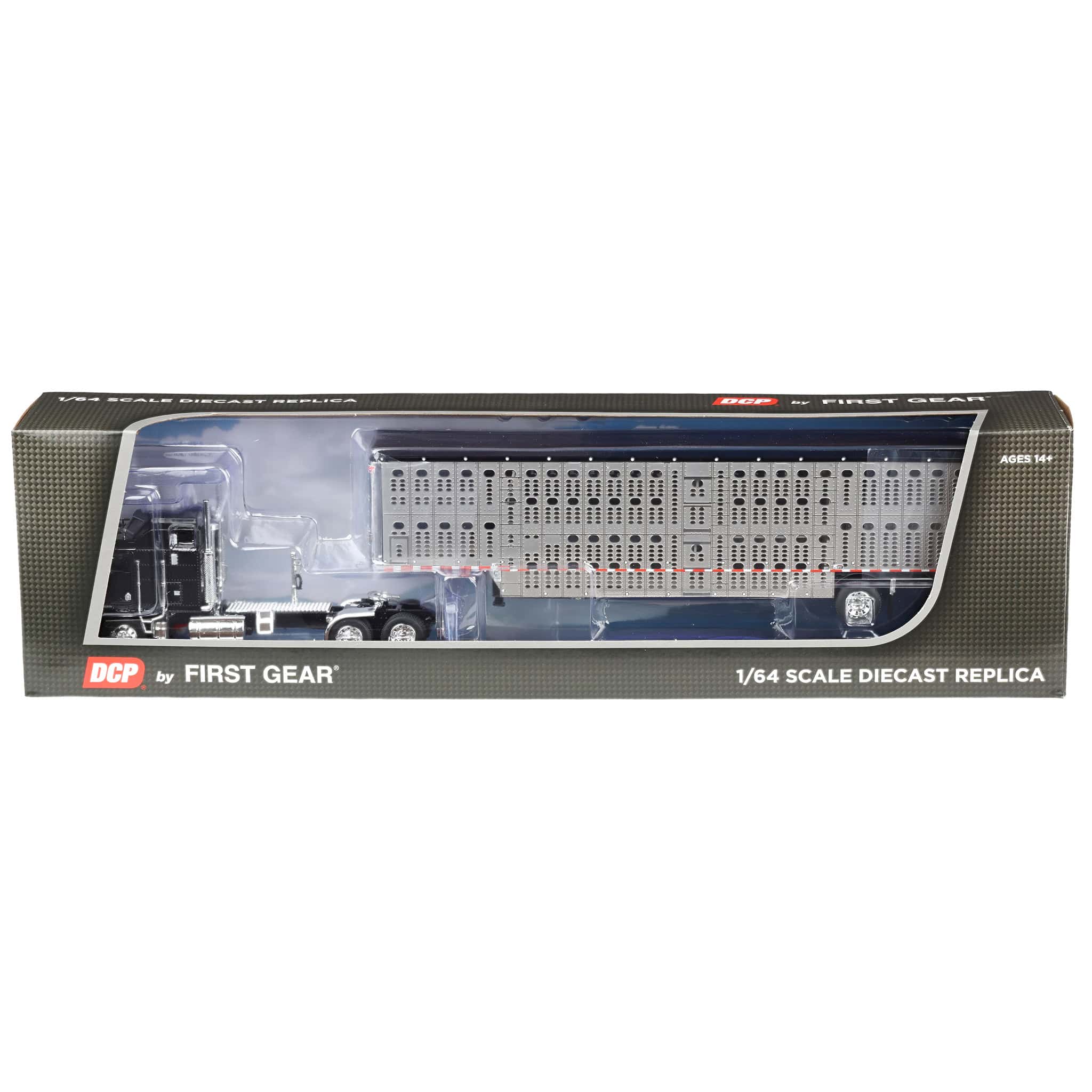 1/64 Kenworth K100 COE Semi Truck with Wilson Spread Axle Livestock Trailer, Black, DCP by First Gear - Image 3