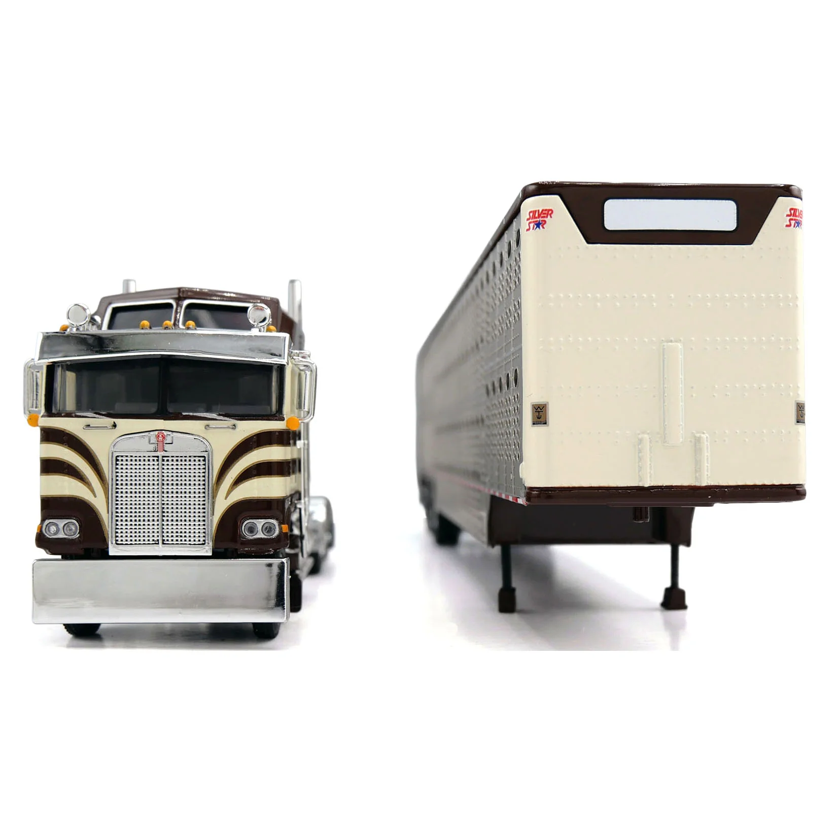 1/64 Kenworth K100 COE Semi Truck with Wilson Spread Axle Livestock Trailer, Brown/Cream, DCP by First Gear - Image 2