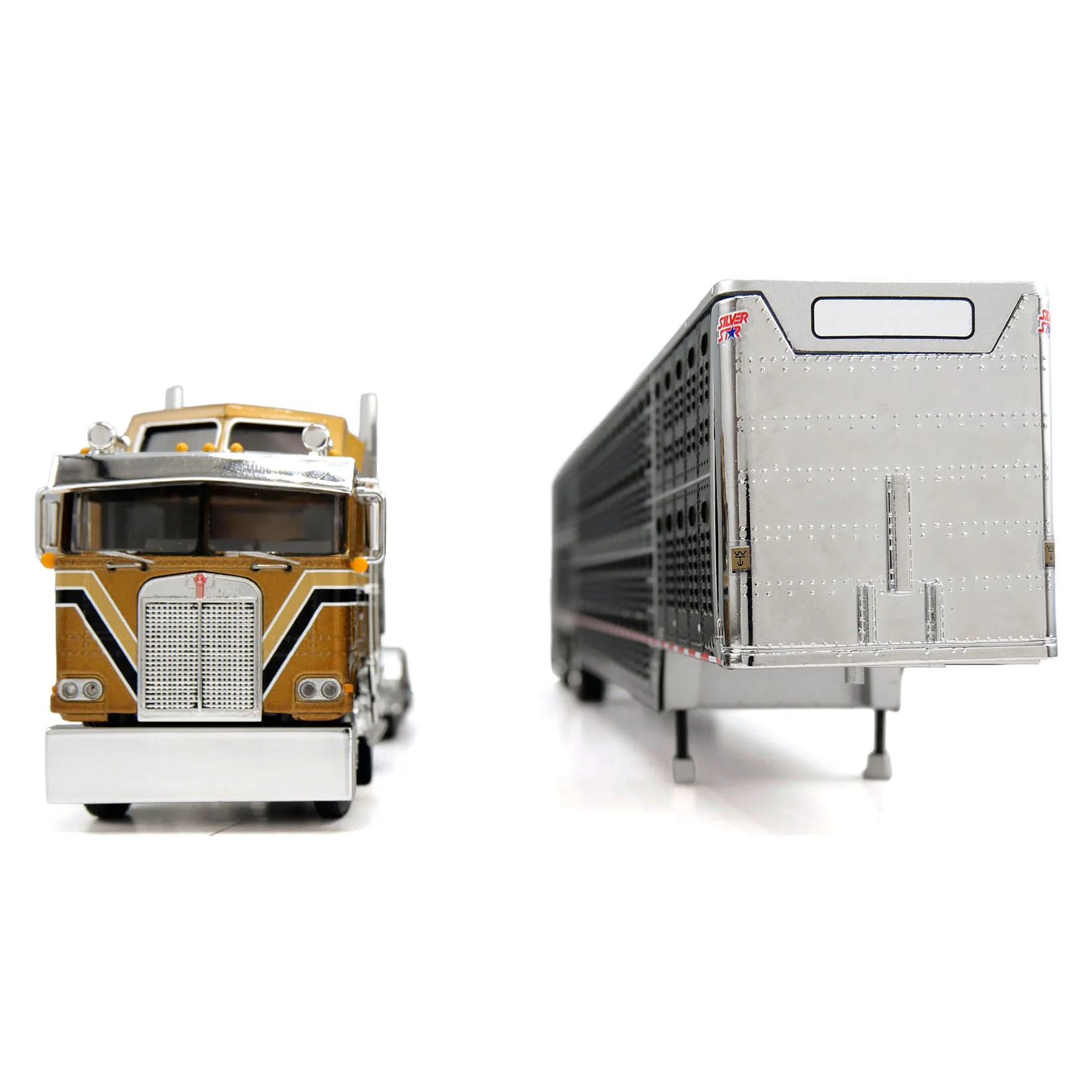 1/64 Kenworth K100 COE Semi Truck with Wilson Spread Axle Livestock Trailer, Gold/Black, DCP by First Gear - Image 2