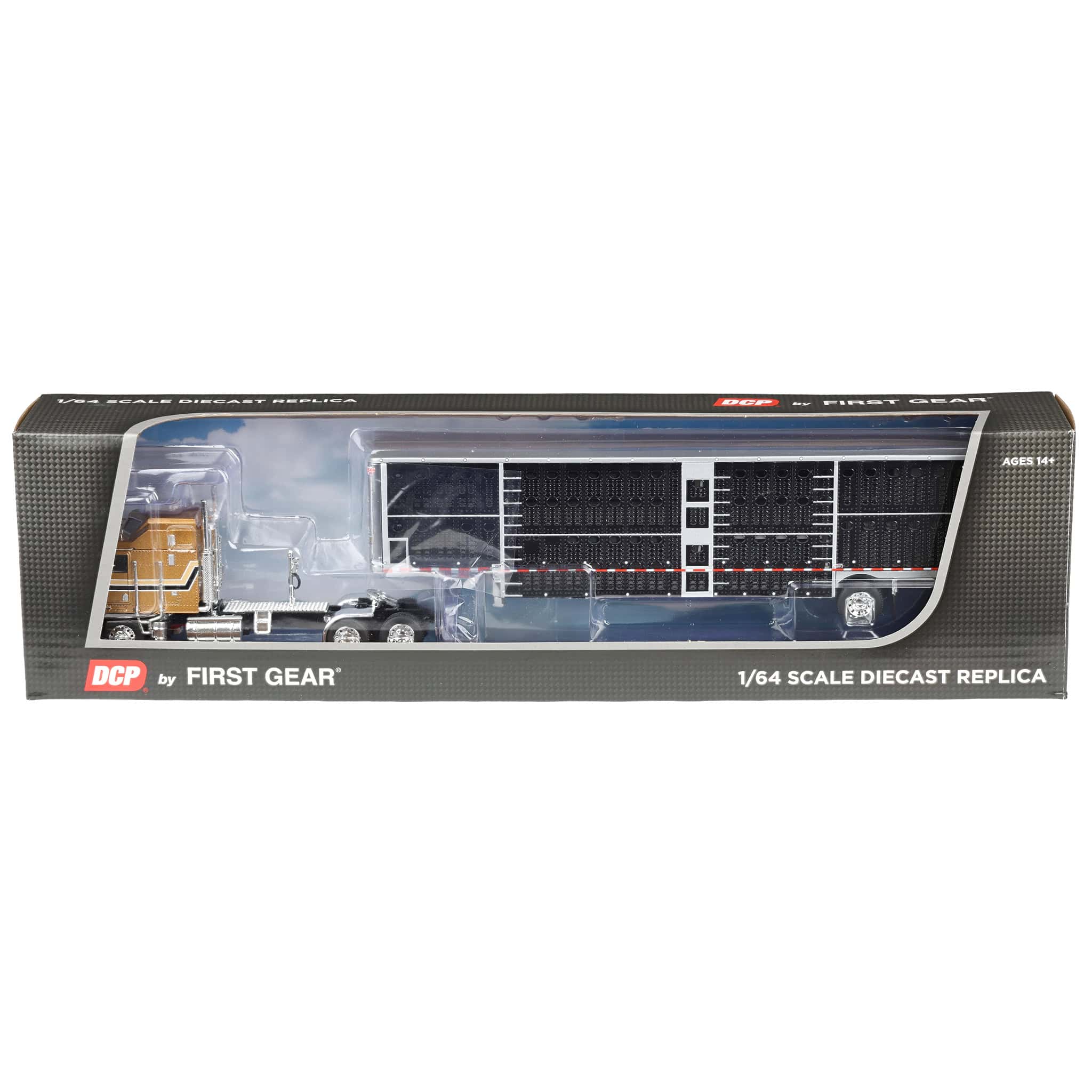 1/64 Kenworth K100 COE Semi Truck with Wilson Spread Axle Livestock Trailer, Gold/Black, DCP by First Gear - Image 3