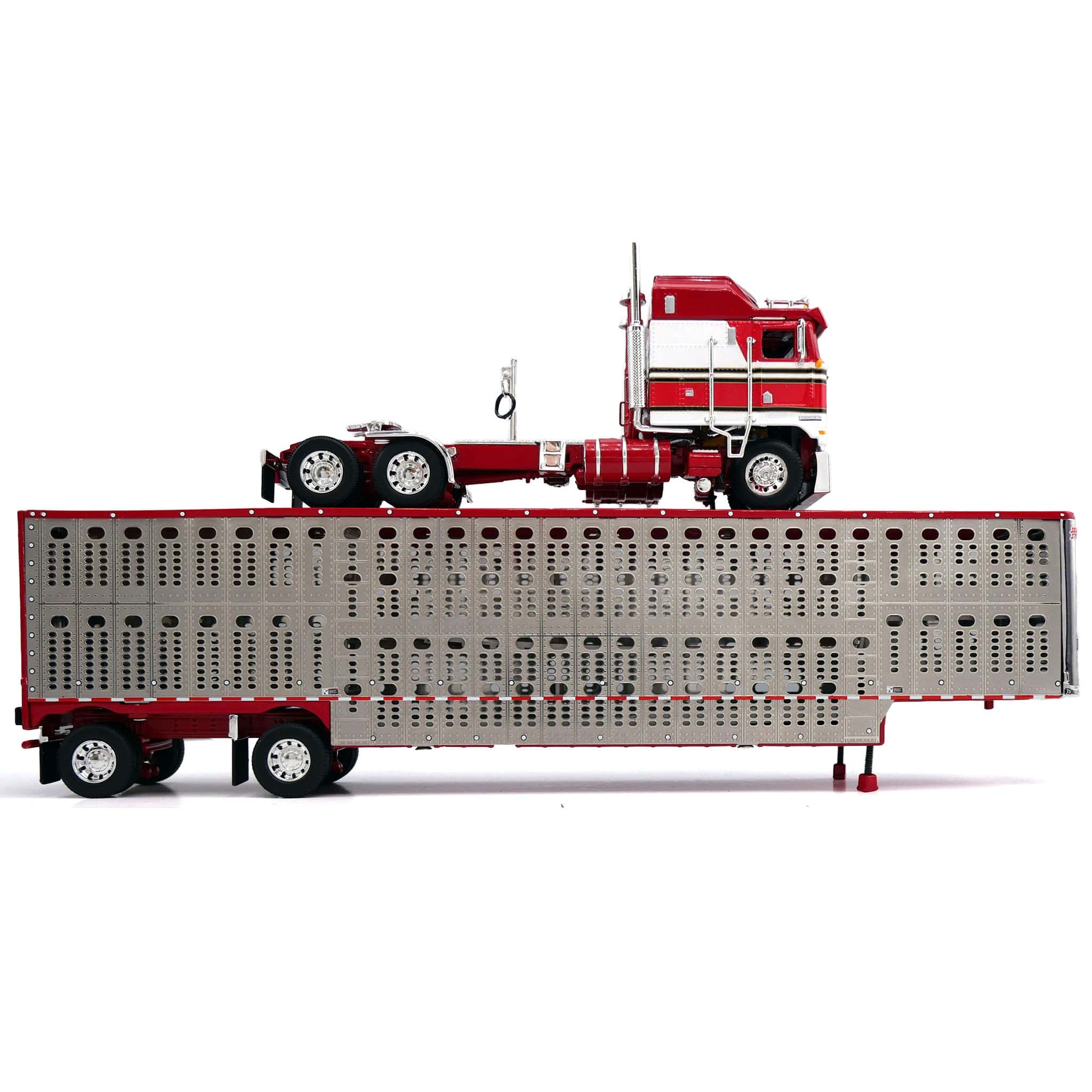 1/64 Kenworth K100 COE Semi Truck with Wilson Spread Axle Livestock Trailer, Red/White/Black, DCP by First Gear