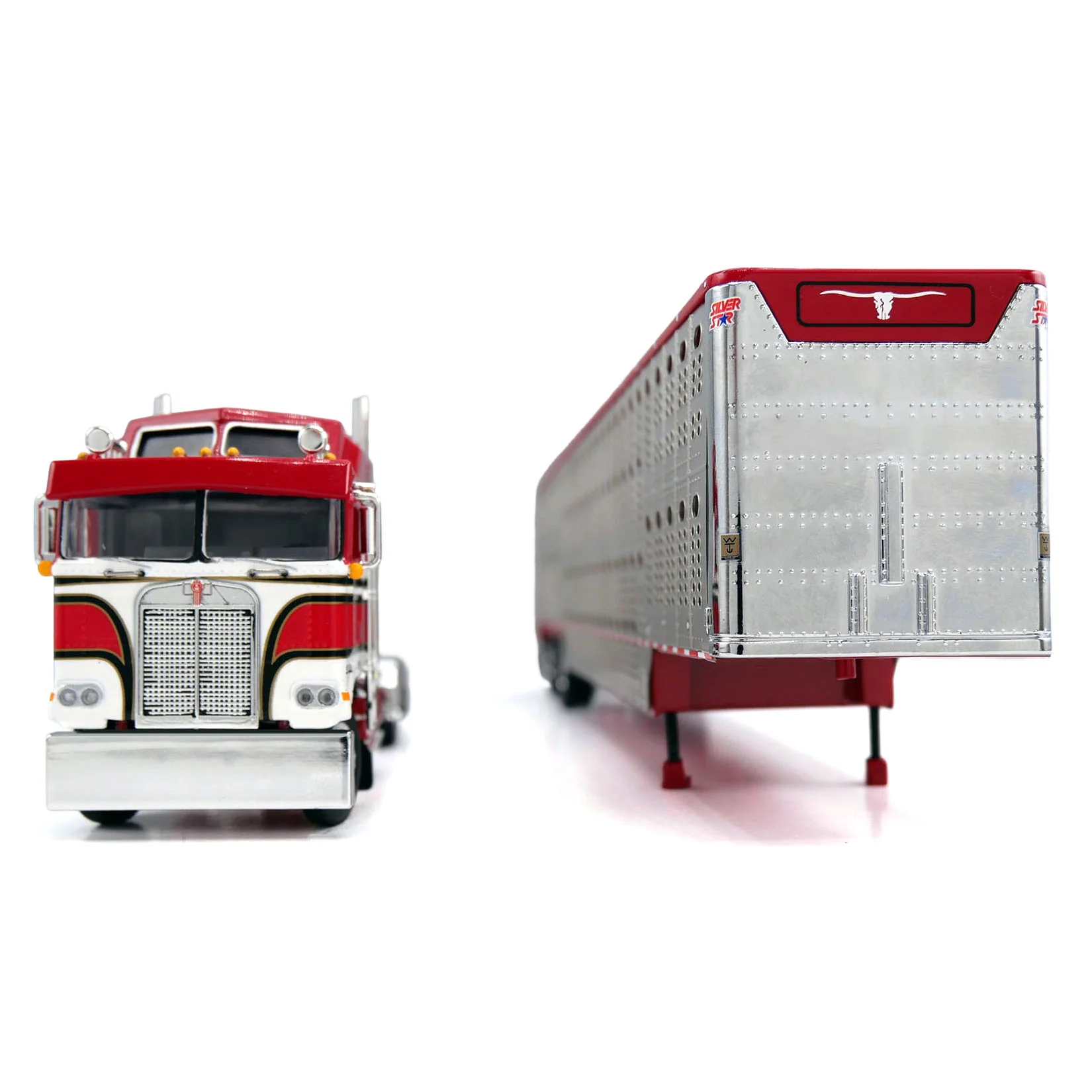 1/64 Kenworth K100 COE Semi Truck with Wilson Spread Axle Livestock Trailer, Red/White/Black, DCP by First Gear - Image 2