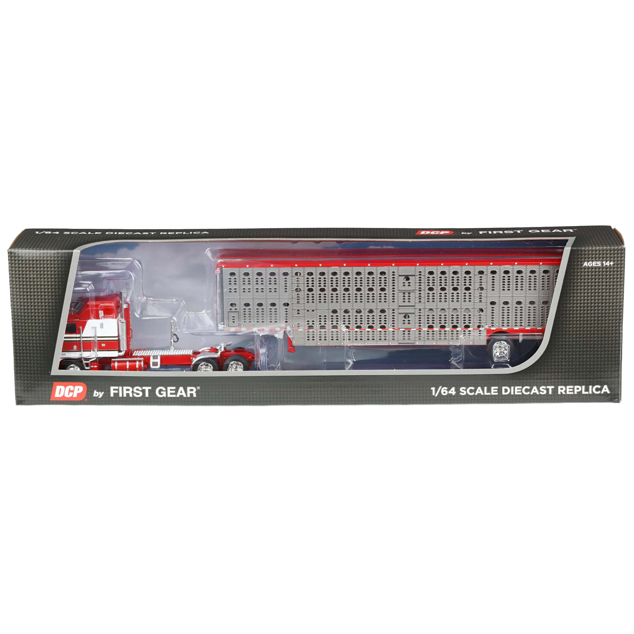 1/64 Kenworth K100 COE Semi Truck with Wilson Spread Axle Livestock Trailer, Red/White/Black, DCP by First Gear - Image 3