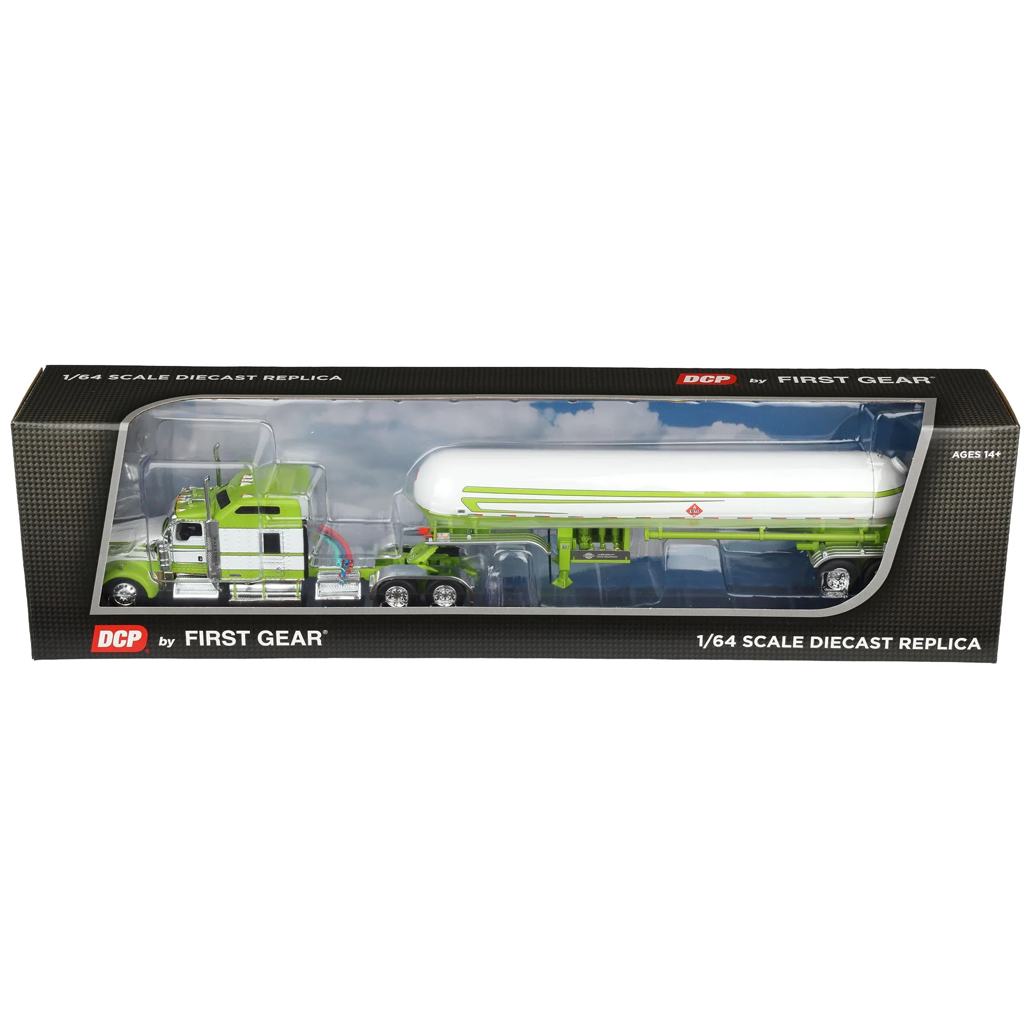 1/64 Kenworth Lime/White W900L with 86in Sleeper Cab with Matching Tandem Axle Mississippi LPG Propane Tanker, DCP by First Gear