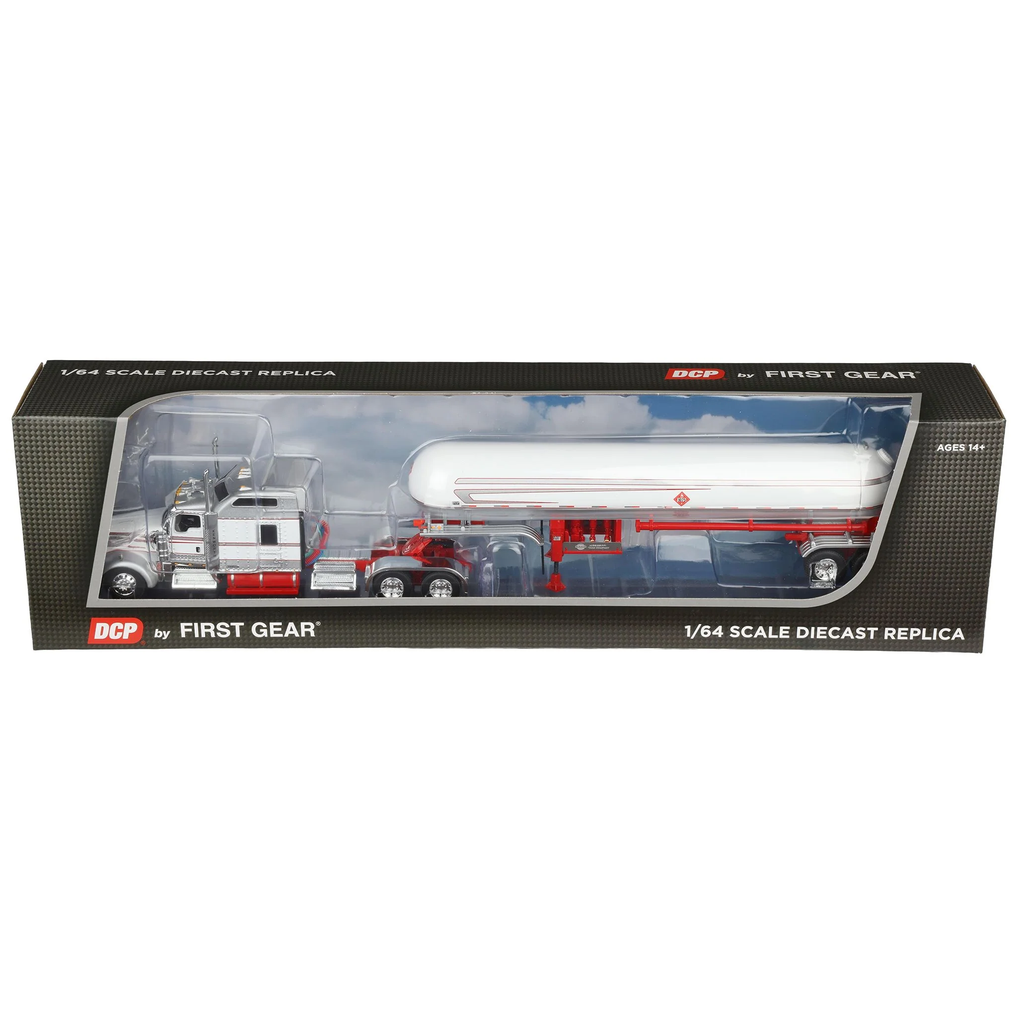 1/64 Kenworth Silver/Red/White W900L with 86in Sleeper Cab with Matching Tandem Axle Mississippi LPG Propane Tanker, DCP by First Gear