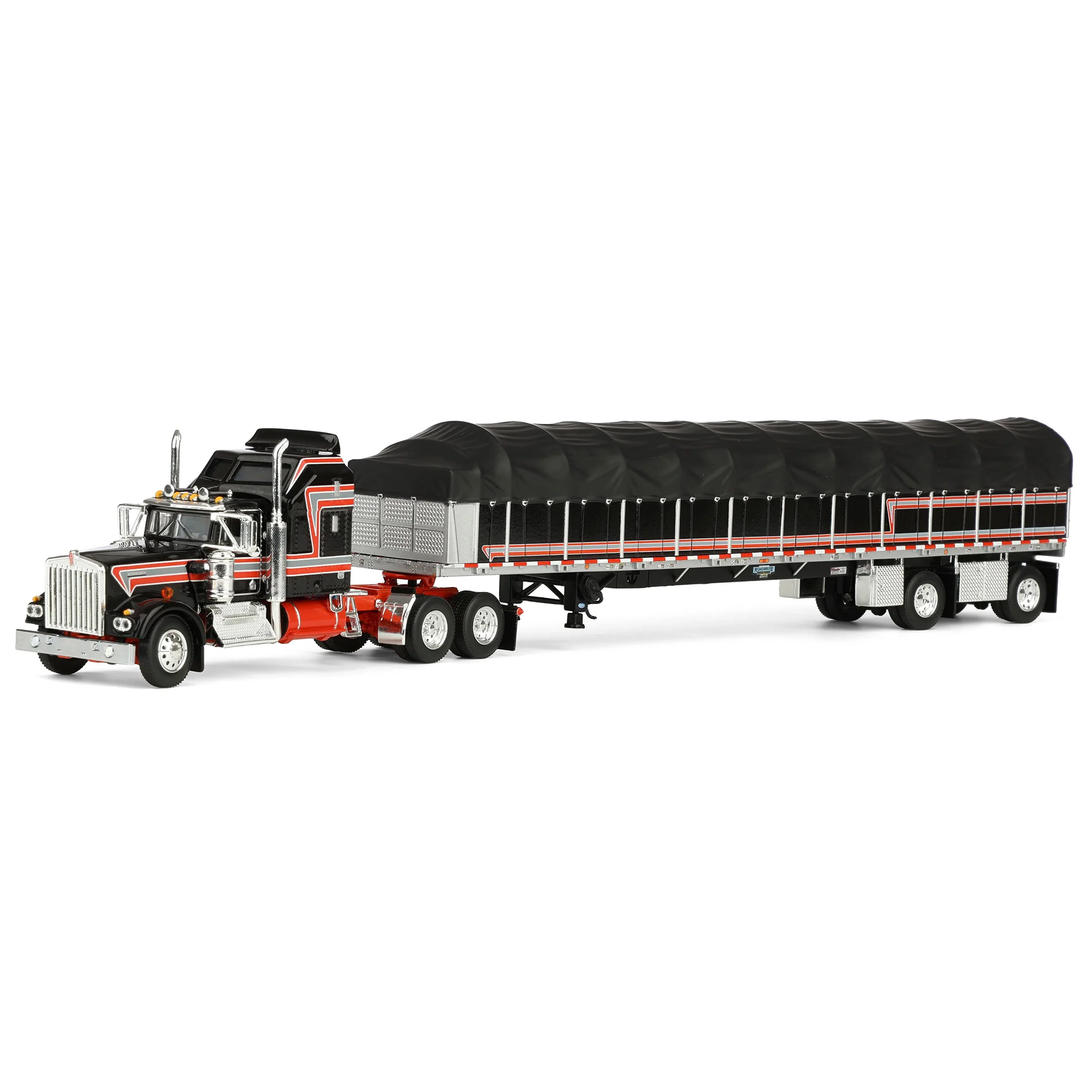 1/64 Kenworth W900A Semi Truck with Wilson Roadbrute Flatbed & Covered Wagon, Black/Red, DCP by First Gear