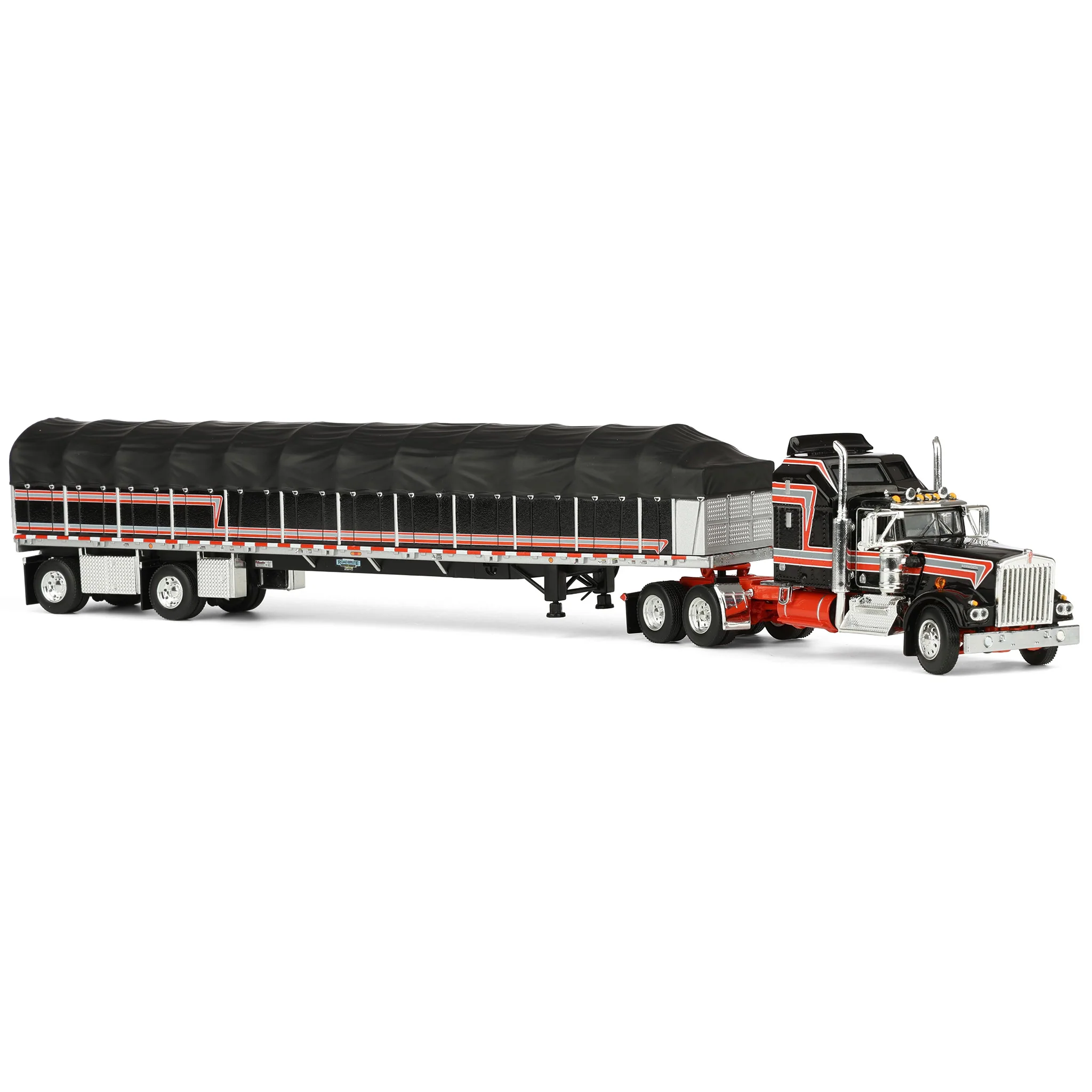1/64 Kenworth W900A Semi Truck with Wilson Roadbrute Flatbed & Covered Wagon, Black/Red, DCP by First Gear - Image 2