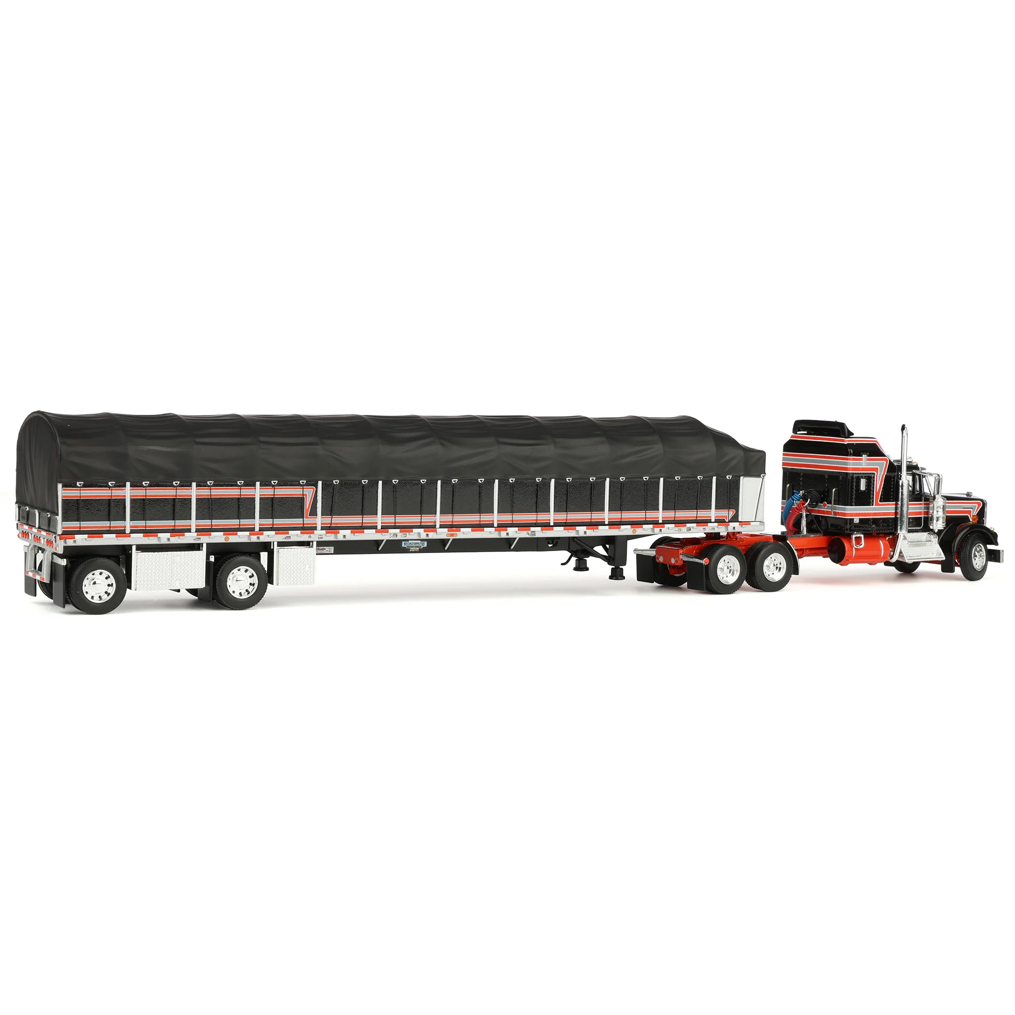 1/64 Kenworth W900A Semi Truck with Wilson Roadbrute Flatbed & Covered Wagon, Black/Red, DCP by First Gear - Image 3
