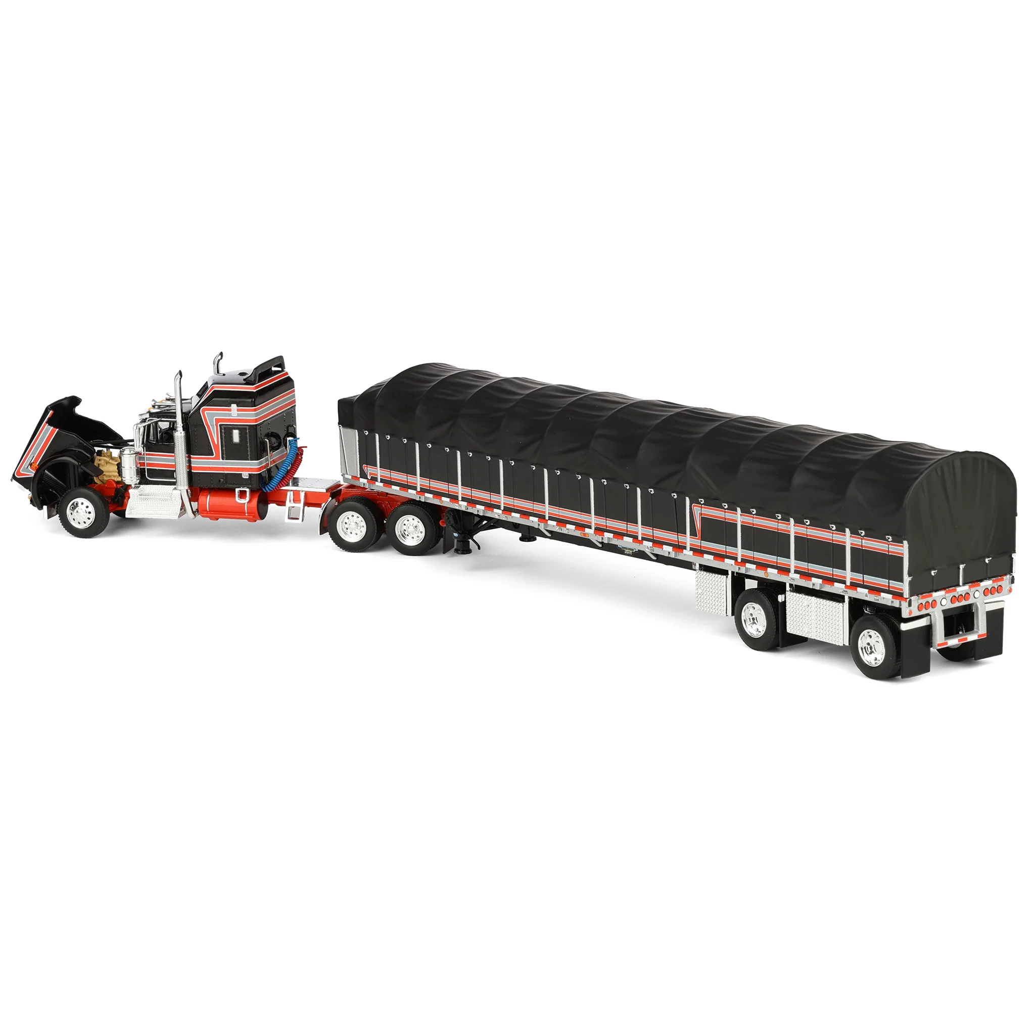 1/64 Kenworth W900A Semi Truck with Wilson Roadbrute Flatbed & Covered Wagon, Black/Red, DCP by First Gear - Image 4