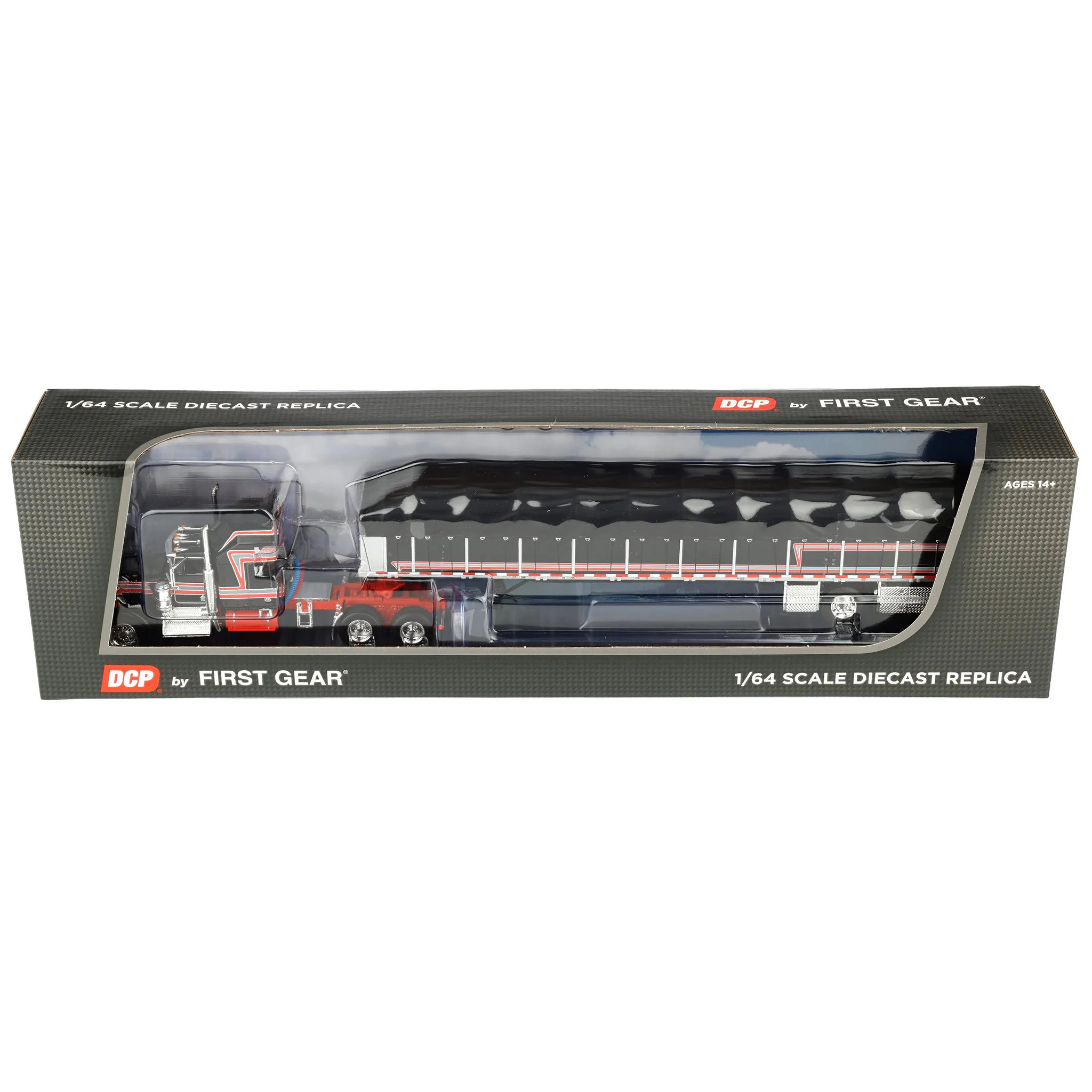 1/64 Kenworth W900A Semi Truck with Wilson Roadbrute Flatbed & Covered Wagon, Black/Red, DCP by First Gear - Image 5