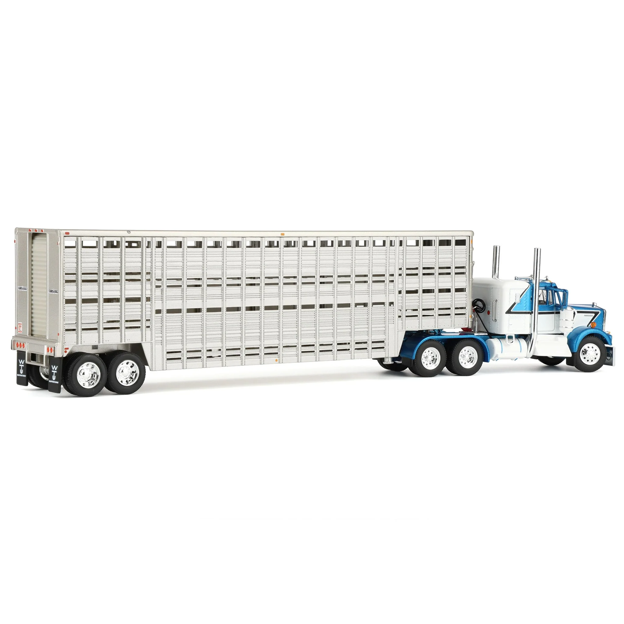 1/64 Kenworth W900A with 45ft Wilson Vintage Livestock Trailer, Mariner Blue/Silver, DCP by First Gear - Image 3