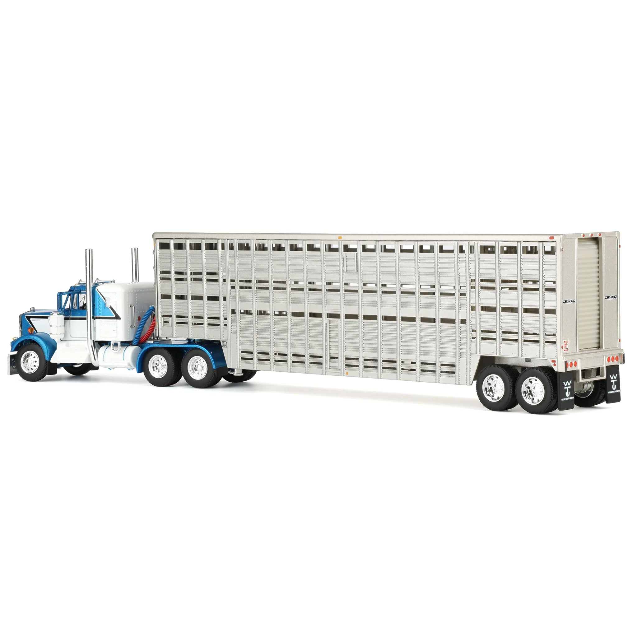 1/64 Kenworth W900A with 45ft Wilson Vintage Livestock Trailer, Mariner Blue/Silver, DCP by First Gear - Image 4