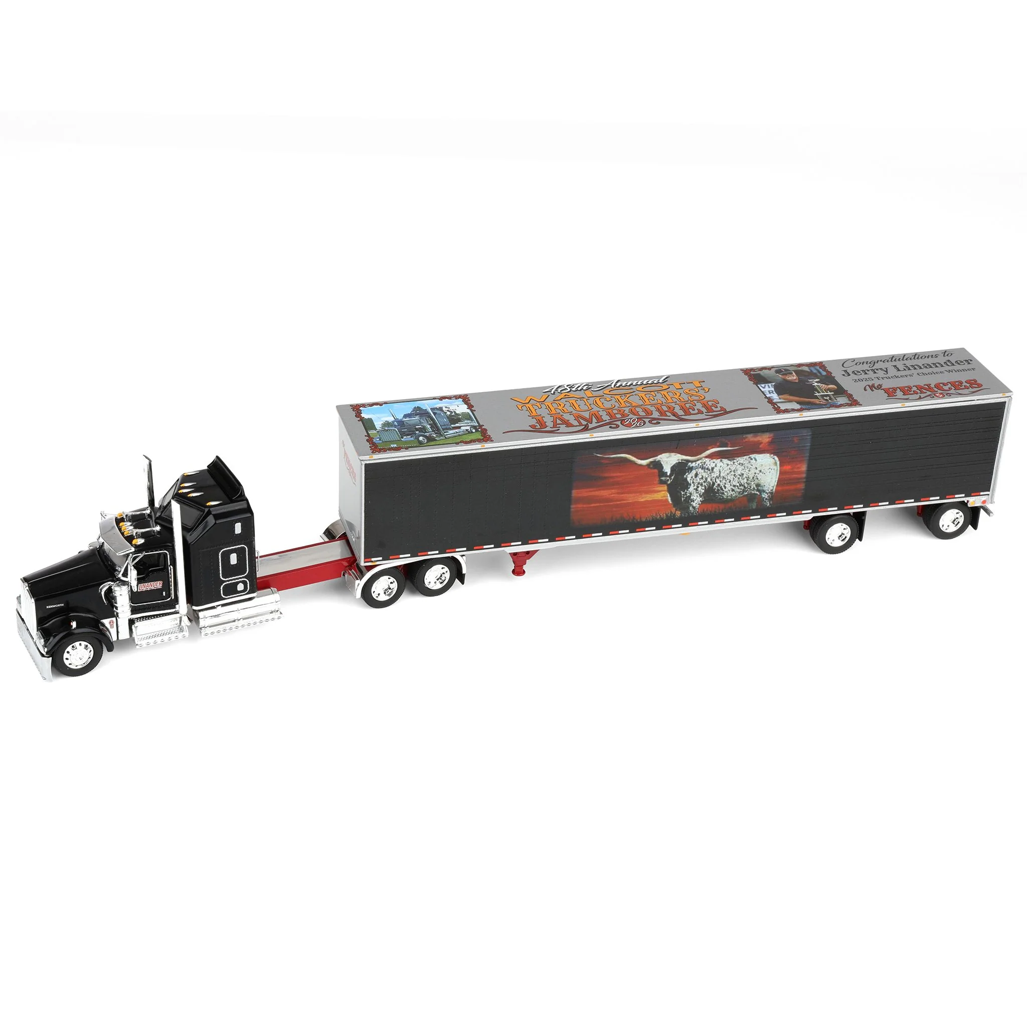 1/64 Kenworth W900L, Jerry Linander "No Fences" Van Trailer, 2025 Walcott Trucker Jamboree, DCP by First Gear