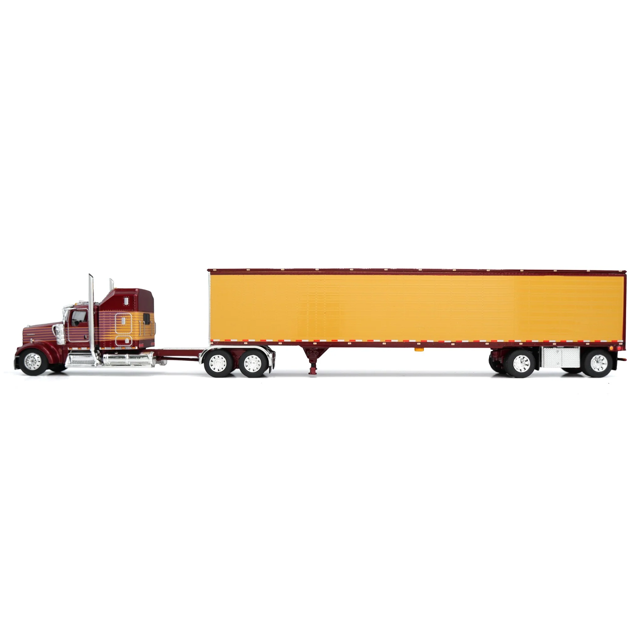 1/64 Kenworth W900L Semi Truck with Aero-One Sleeper & Spread-Axle Van Trailer, Red/Amber, 1 of 252, DCP by First Gear